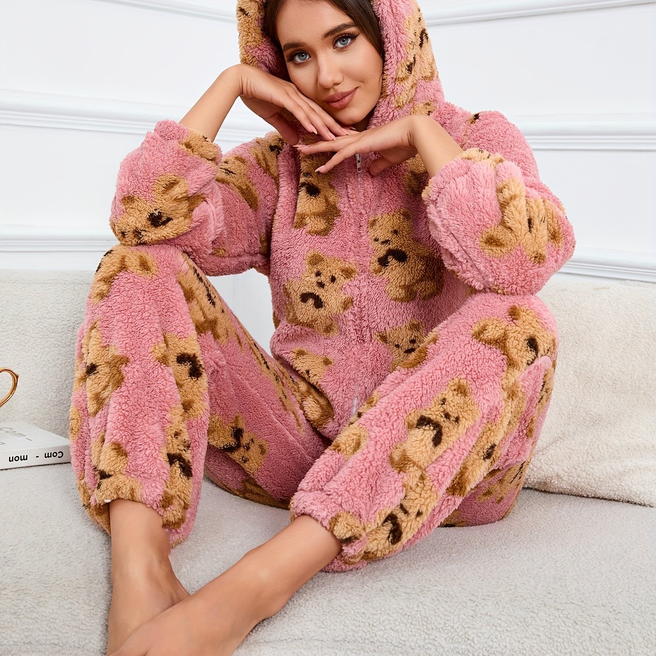 Bear Pattern Zip Up Hooded Fuzzy Jumpsuit, Elegant Long Sleeve Jumpsuit For Fall & Winter