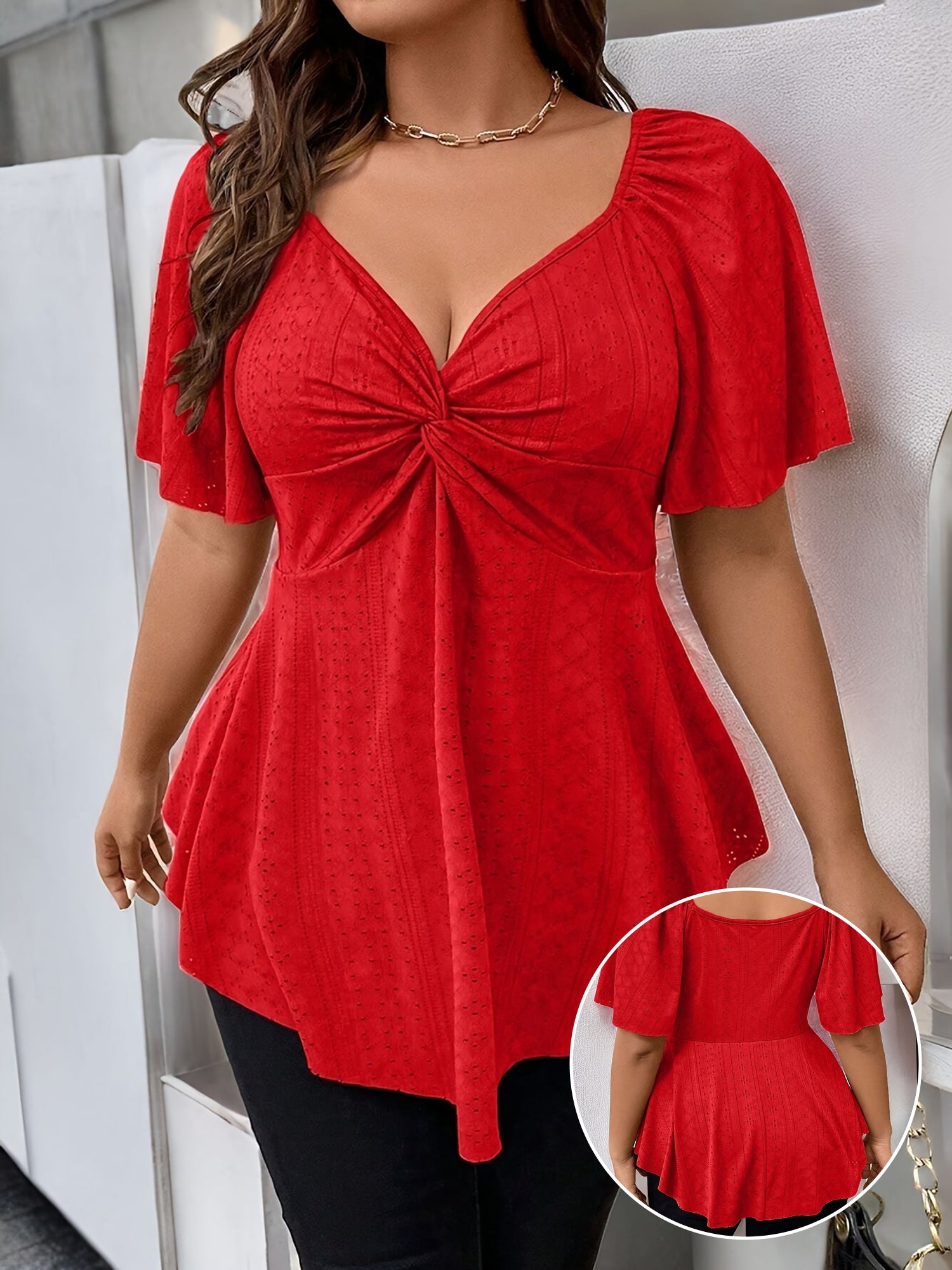 Stylish Plus Size Solid Eyelet Cutout Twist T-shirt