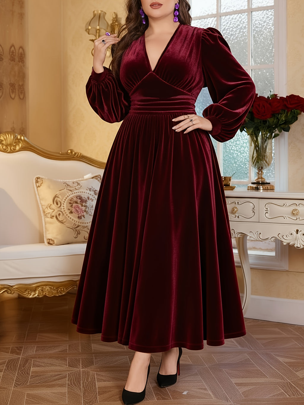Women's Elegant Plus-Size Casual Velvet Dress for Christmas, Autumn, And Winter Warmth, Romantic Everyday Wear
