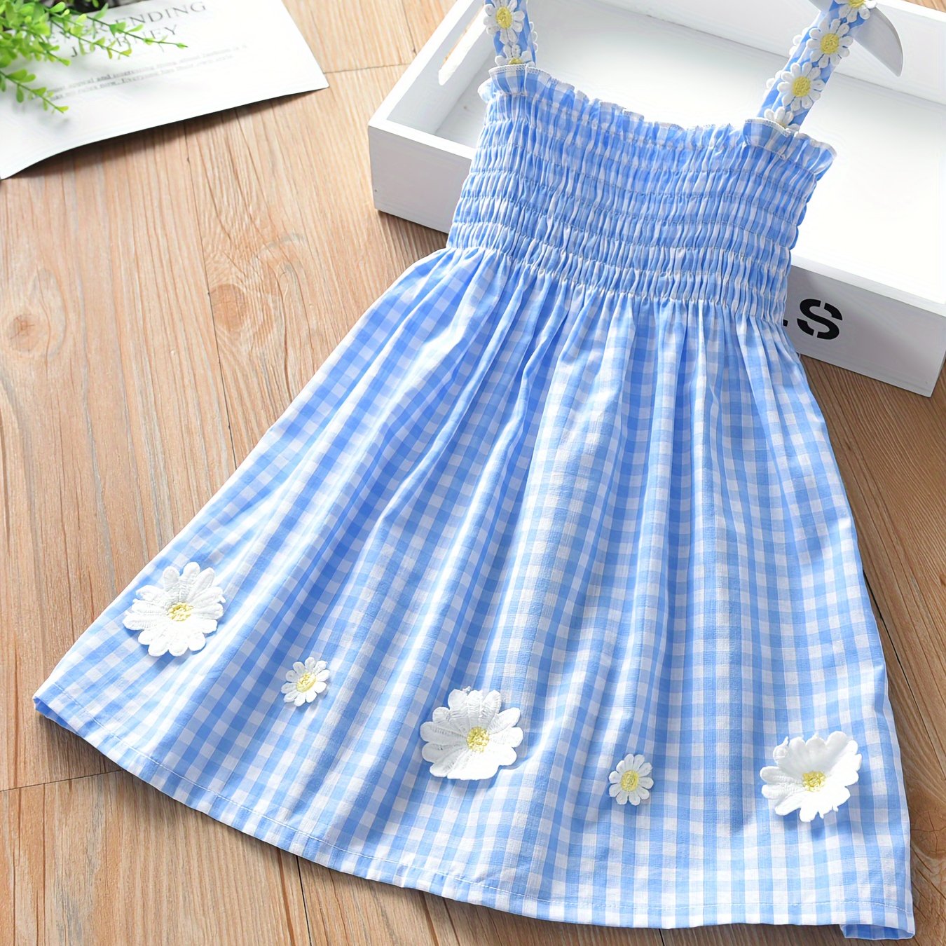 Girls' New Summer Daisy Plaid Casual Dress
