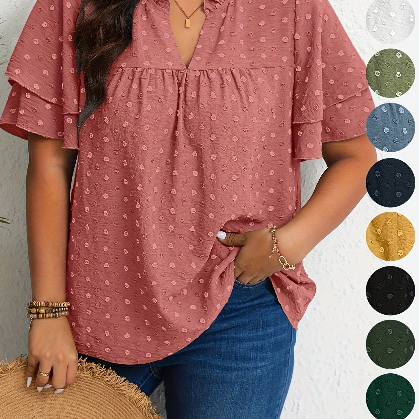 Plus Size Women's Casual V-Neck Blouse with Ruffled Short Sleeves