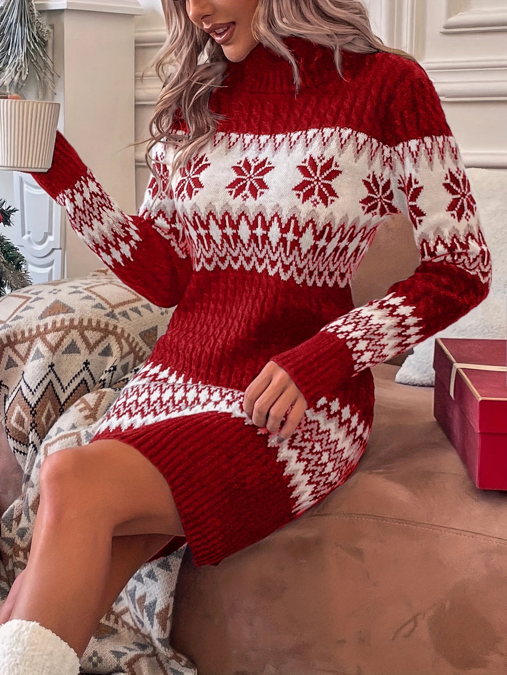 Women's Christmas Sweater Dress - Red & Snowflake Pattern, High Neck Long Sleeve Winter
