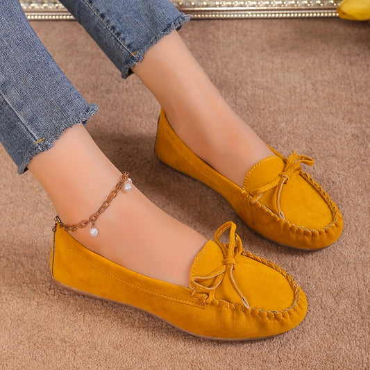 [Pair of Vintage Loafers] Vintage Style Pair of Women's Loafers | Solid Color Slip-On Flats with Bow, Suitable for All Seasons, Fashionable Retro Shoes