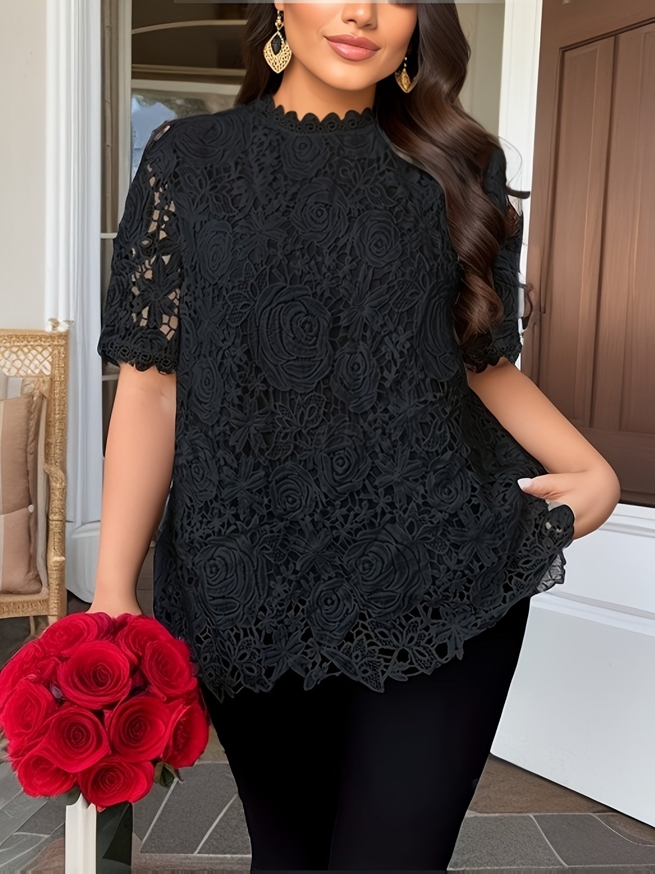 Floral Plus Size Women's Blouse, Crew Neck, Short Sleeve