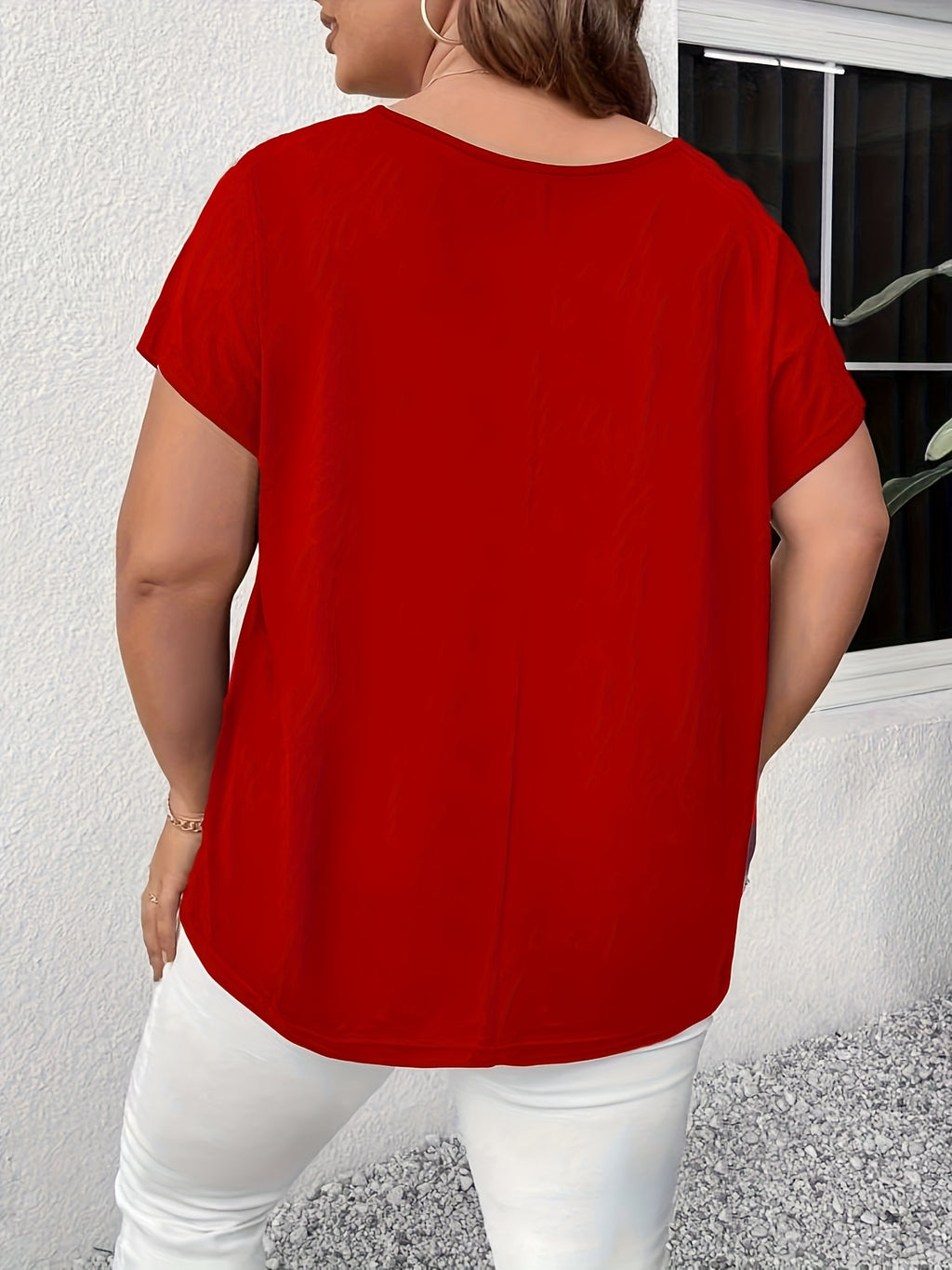 [Elegant T-Shirt] Elegant Plus Size Women's V-Neck T-Shirt | Stretchy Solid Black Top for Spring/Summer, Resort Style Casual & Vacation Wear,