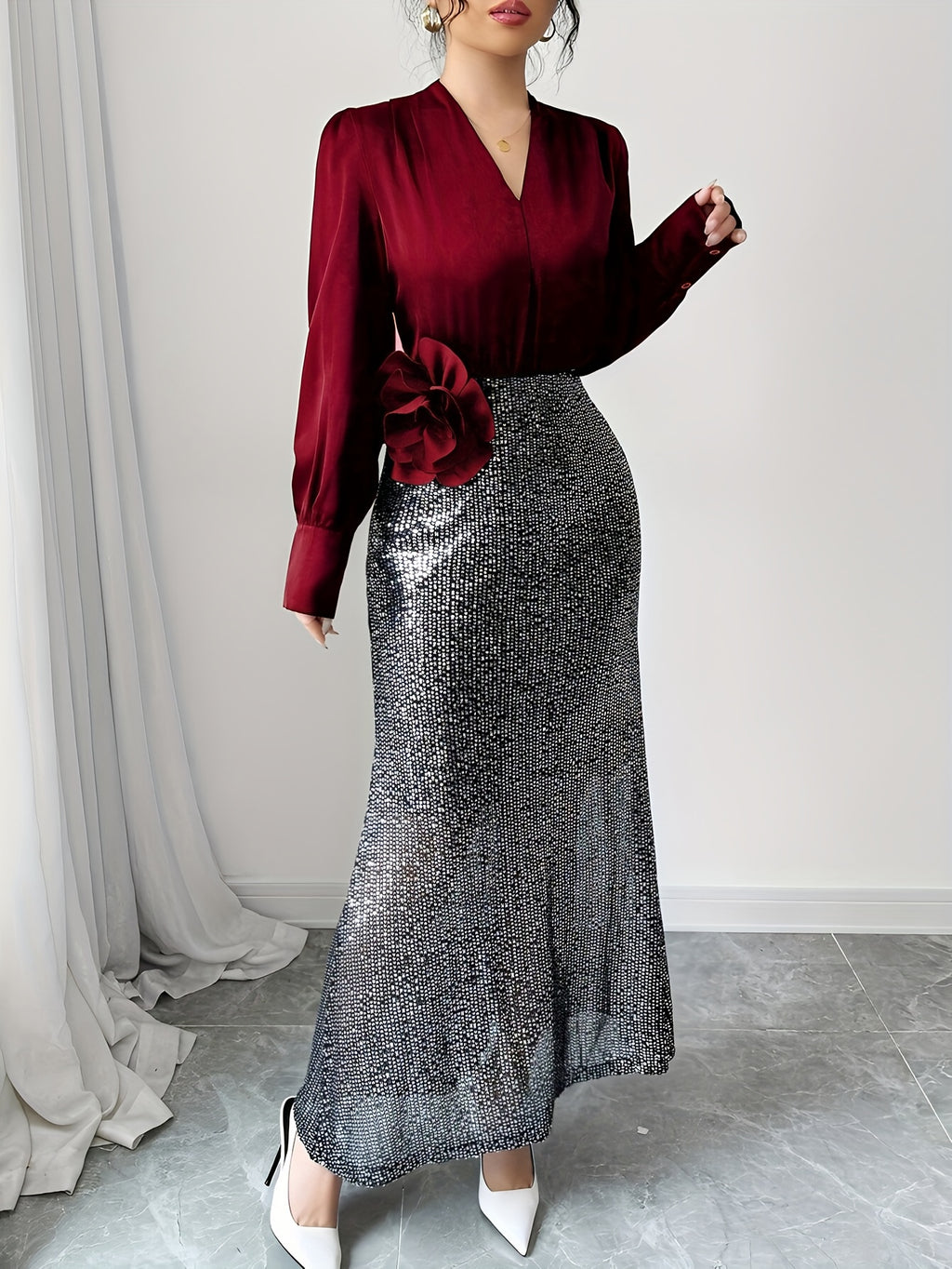 French Elegant V-Neck Sequin 3D Rose Dress - Sparkling Long Sleeve A-Line Evening Gown