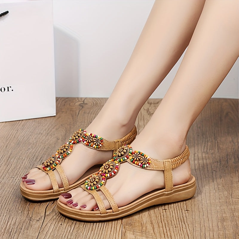 Women's Bohemian Beaded Flat Sandals - Slip-On Roman Style with Colorful Sunflower Design
