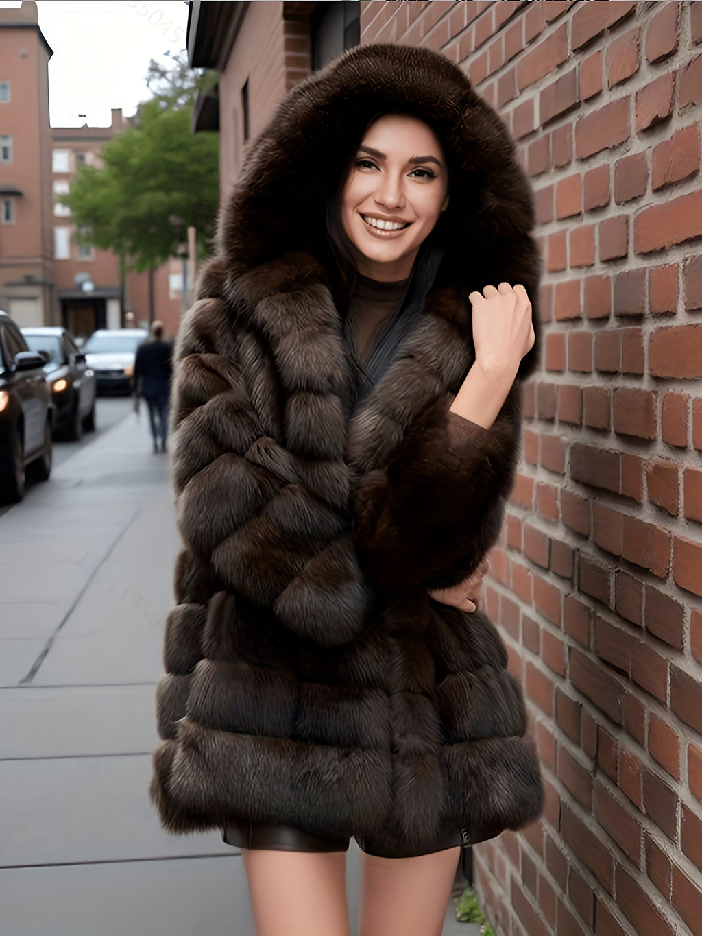 Women's Elegant Faux Fur Coat - Mid-Length Winter Jacket with Front Closure, Flared Hem & Long Sleeves