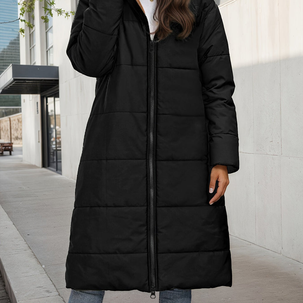 Women's Elegant Plush-Like Quilted Hooded Coat - Long Winter Jacket with Hood