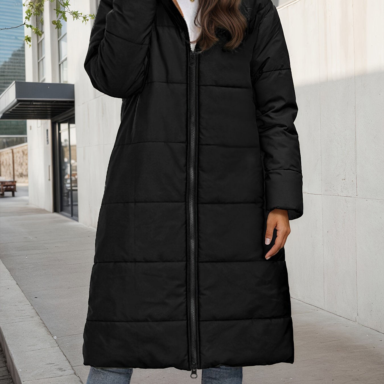 Women's Elegant Plush-Like Quilted Hooded Coat - Long Winter Jacket with Hood