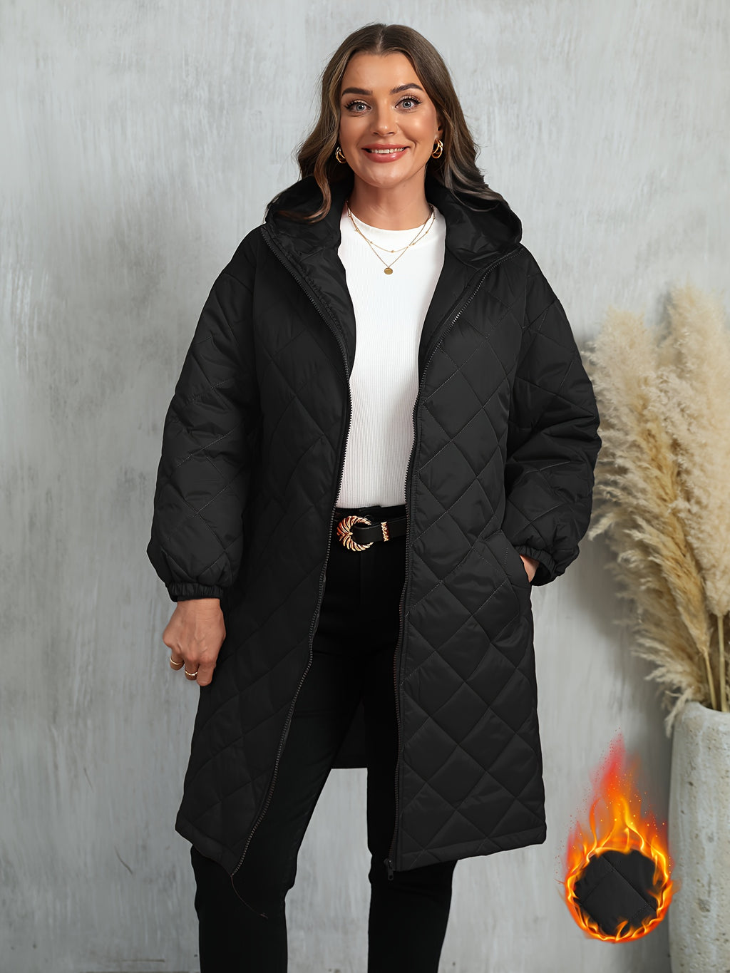 Plus Size, Women's Oversized Elegant Hooded Full-Zip Windproof Winter Coat - Heavy-Duty Warm