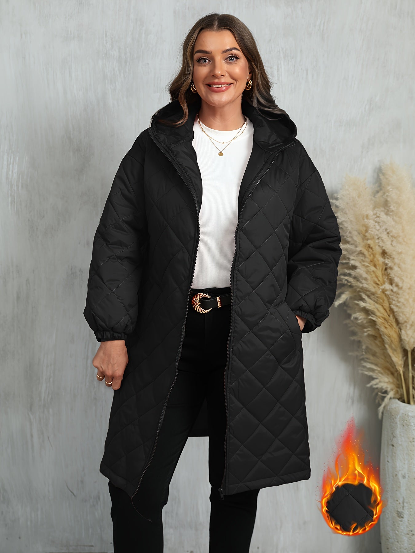 Plus Size, Women's Oversized Elegant Hooded Full-Zip Windproof Winter Coat - Heavy-Duty Warm