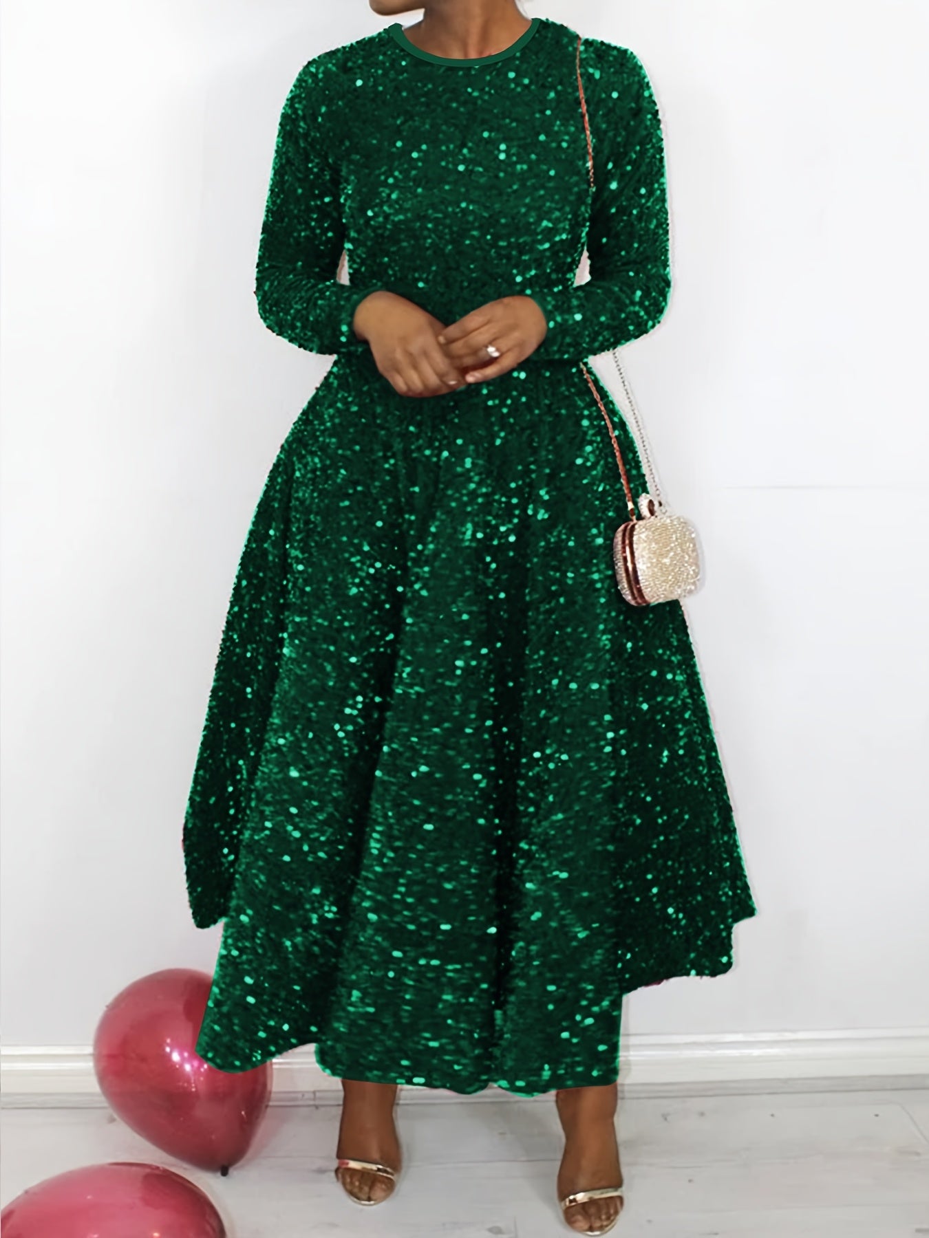 Women's Red Long Dress with a Round Neck, Perfect for Christmas Parties And New Year Celebrations