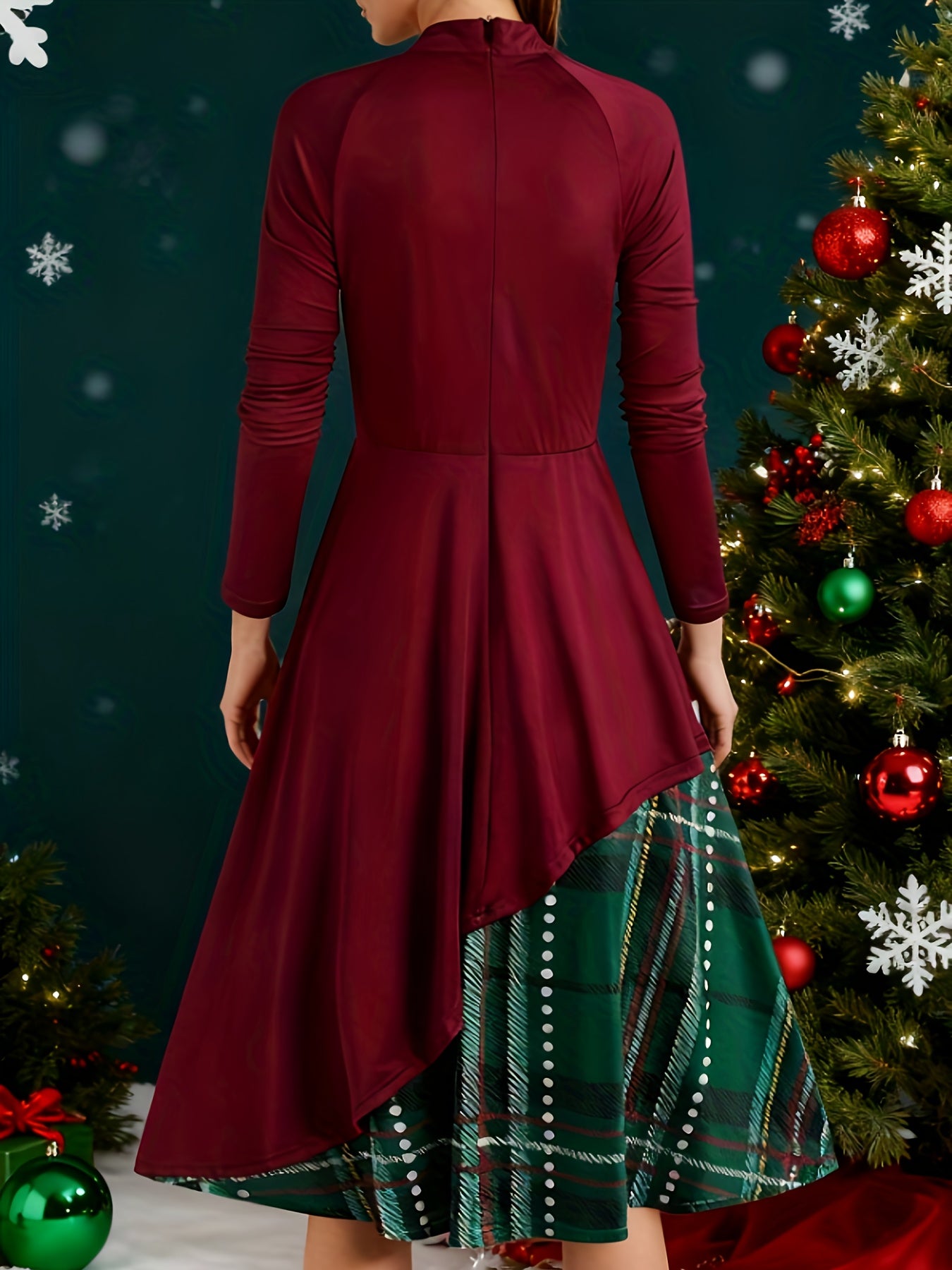 Women's Elegant Burgundy & Green Tartan Plaid Christmas Party Wedding Guest Dress