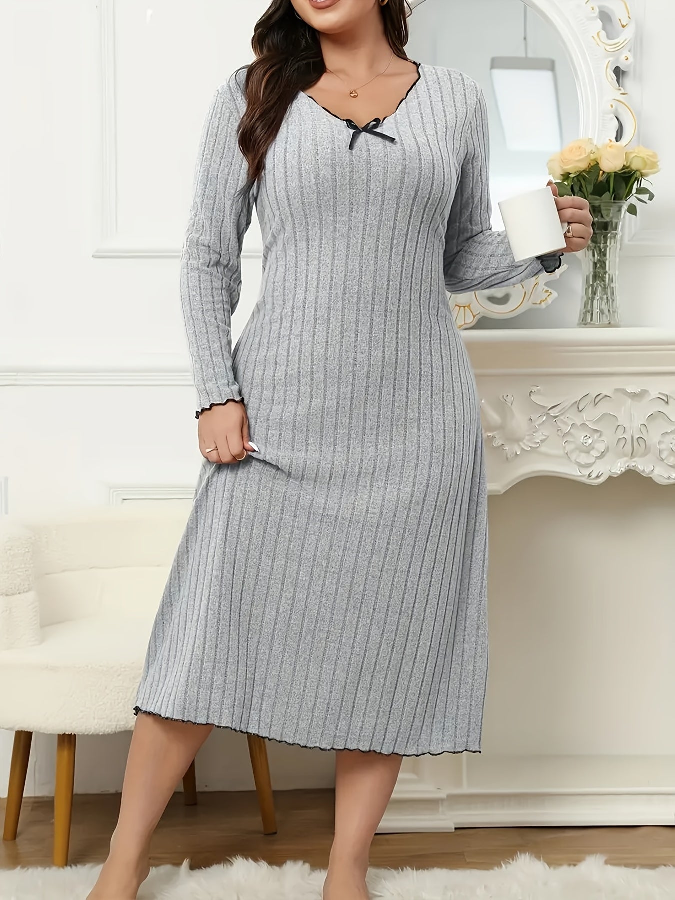 New Plus-Size Two-Piece Set: Comfortable Home Wear with Bow Neckline