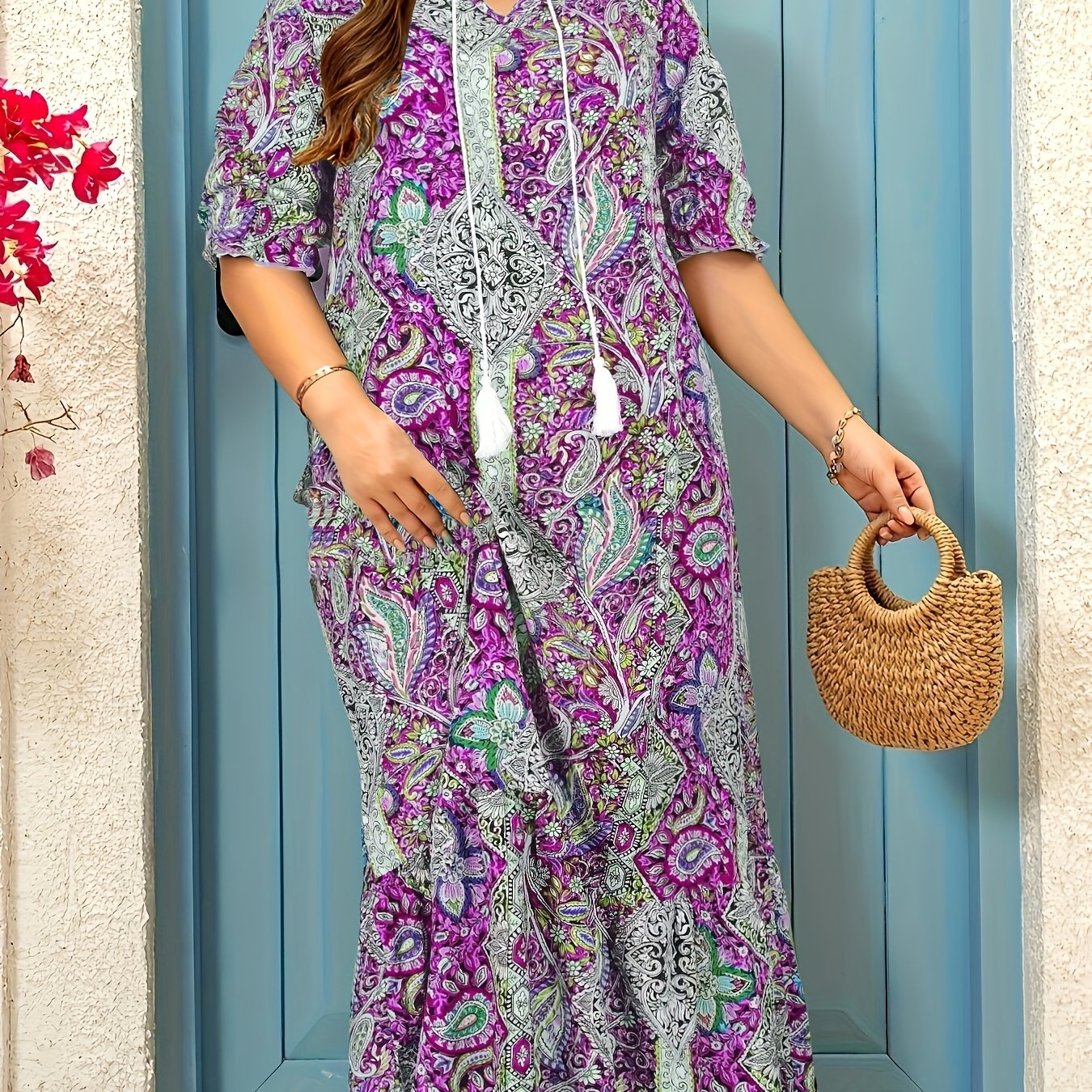 Plus Size, Full-body print dress with ruffled cuffs and hem