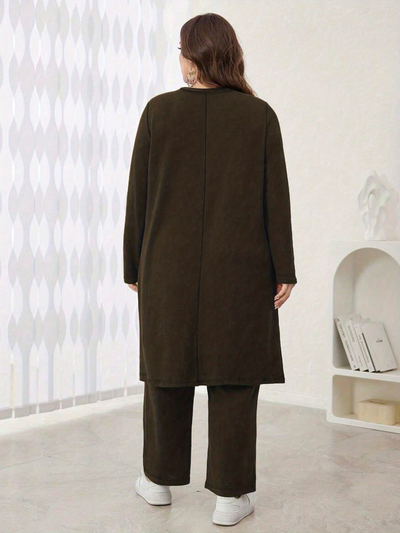 Plus Size, 2pcs Elegant Maxi Matching Outfit - Oversized Wide-Leg Pants & Slit Maxi Dress