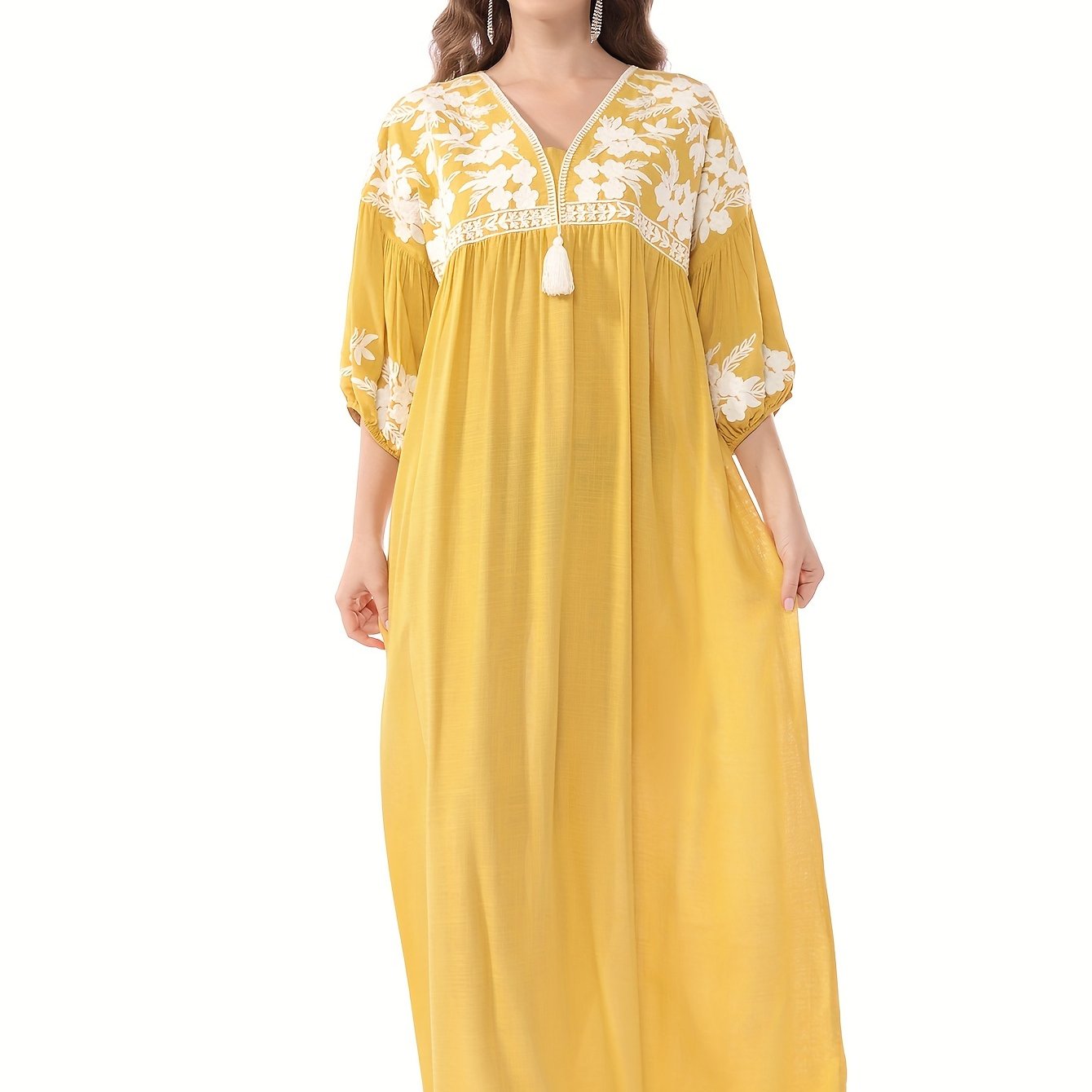 Women's White Floral Embroidery - Loose Fit, V-Neck, Half Sleeve, Non-Stretch Fabric
