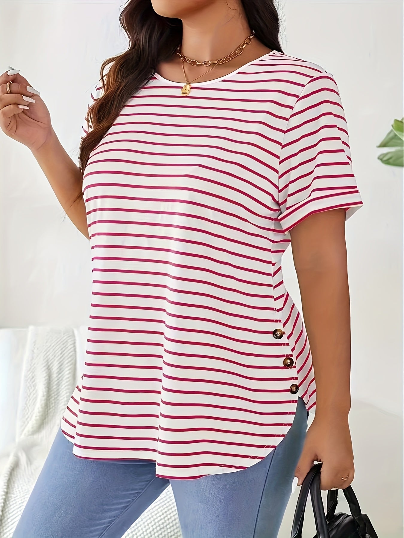 Plus Size Women's Elegant Striped Round Neck T-Shirt - Black & White Horizontal Stripes, Medium Stretch, Button Detail, Spring Summer Fall