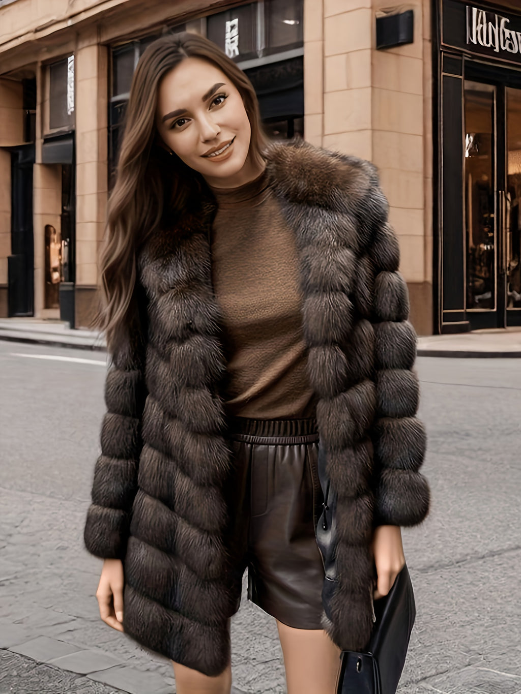 Women's Elegant Faux Fur Coat - Mid-Length Winter Jacket with Front Closure, Flared Hem & Long Sleeves