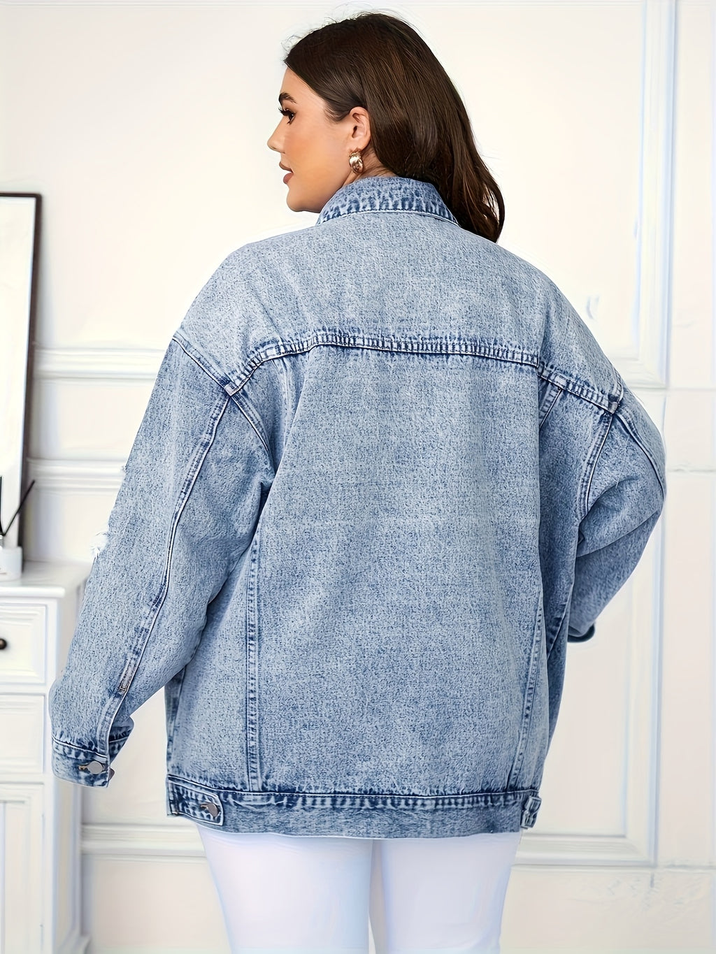 Women's Plus Size Street Style Denim Top, Ripped Denim Jacket, Washed Denim Outerwear, Fashionable