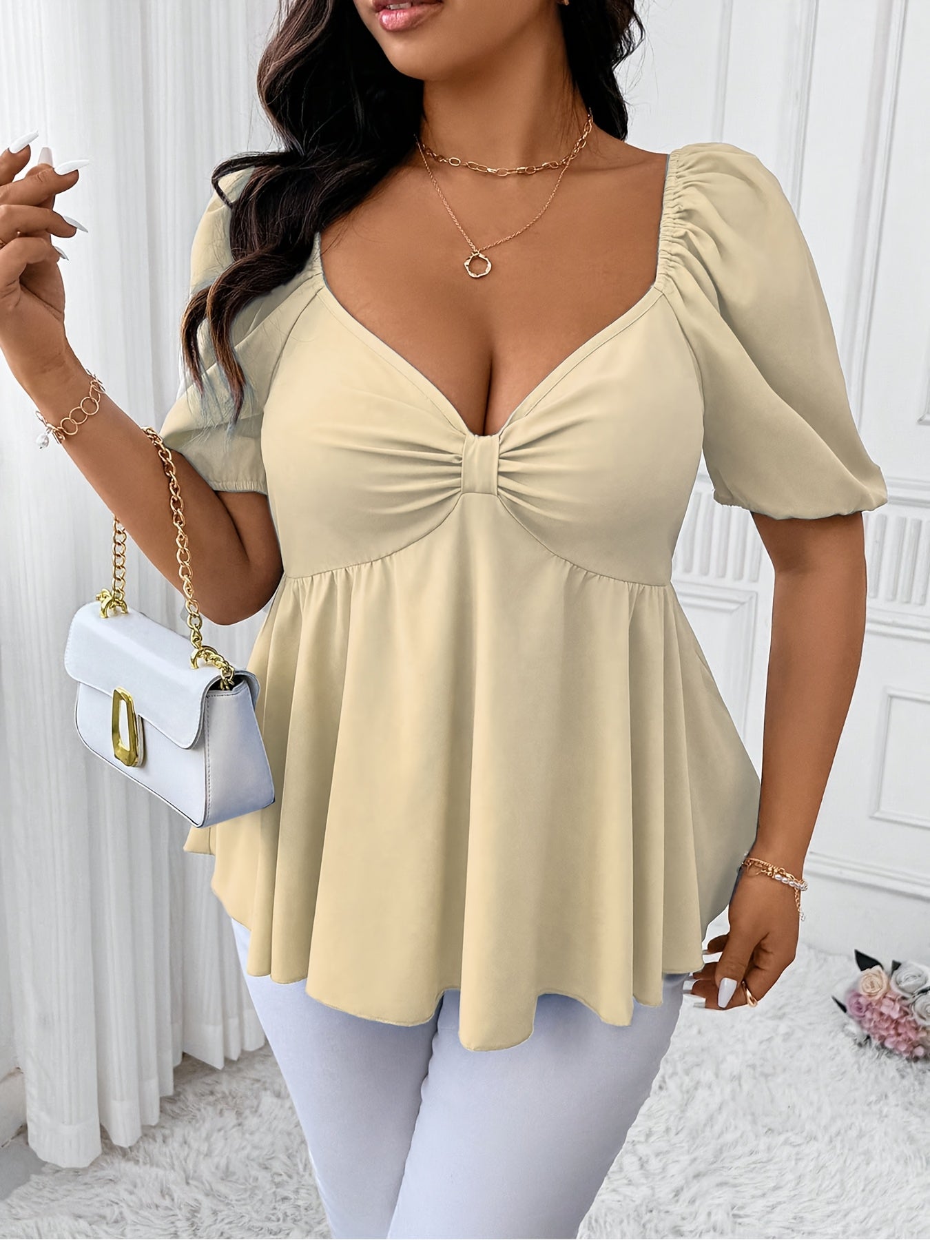 Elegant Plus Size Women's Deep V-Neck Blouse - Short Sleeve