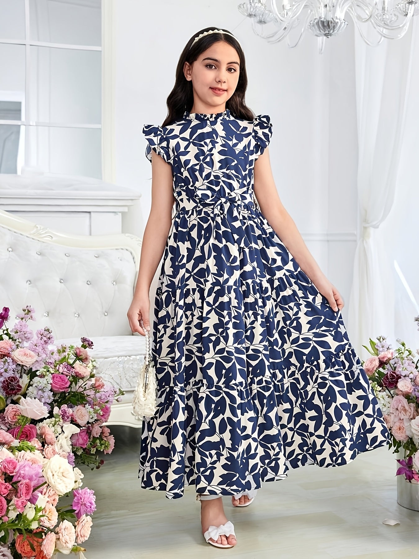 Print Sleeveless Maxi Dress with Belt for Teens