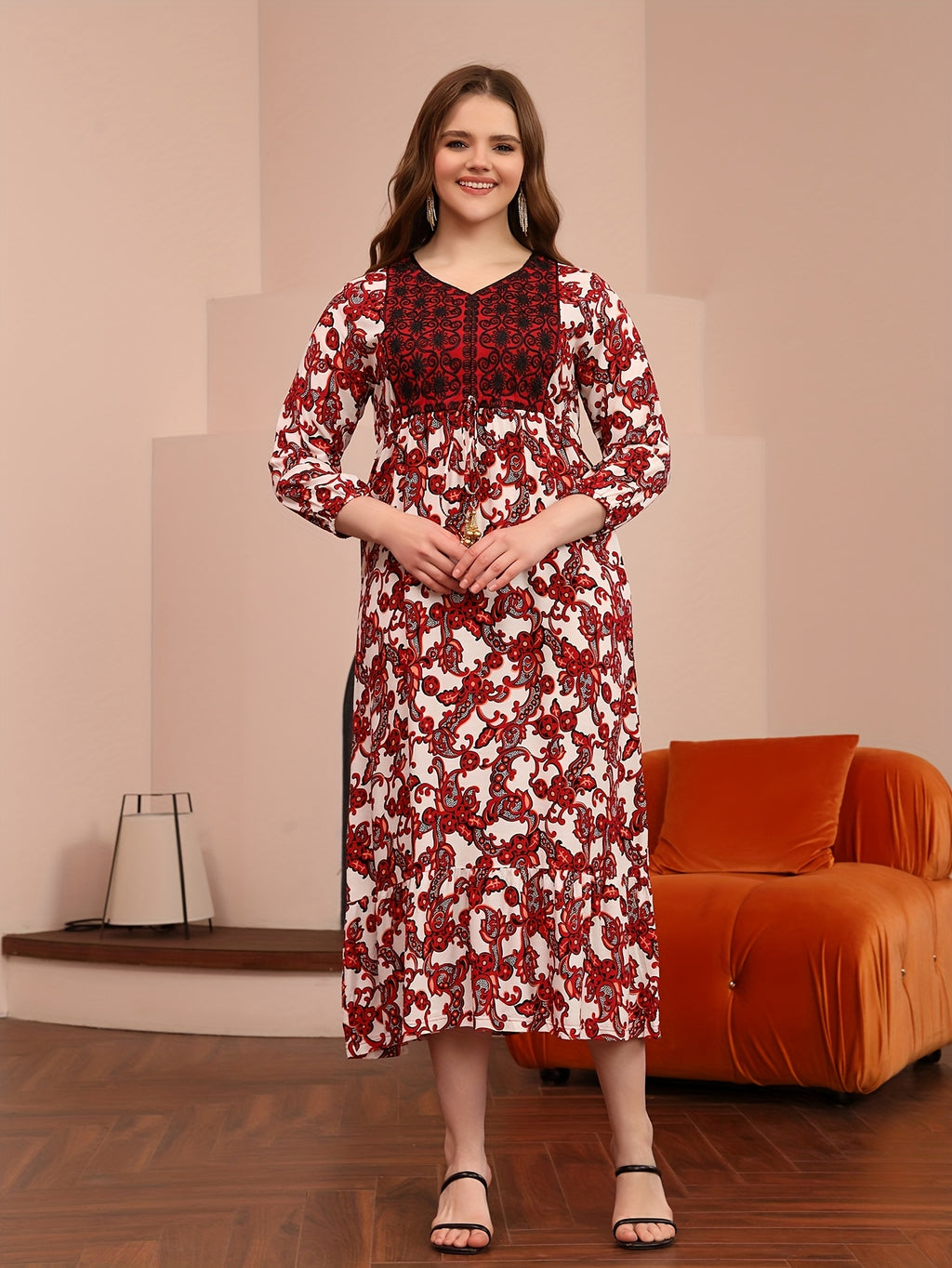 Elegant Floral Print Midi Dress with Beaded Tie-Waist and Ruffle Hem