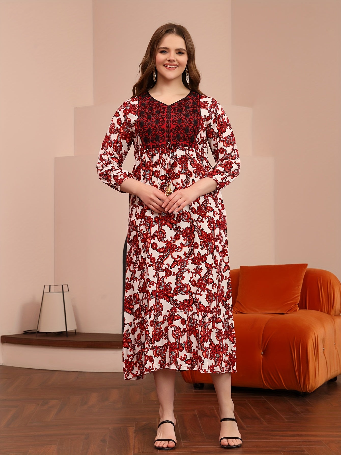 Elegant Floral Print Midi Dress with Beaded Tie-Waist and Ruffle Hem