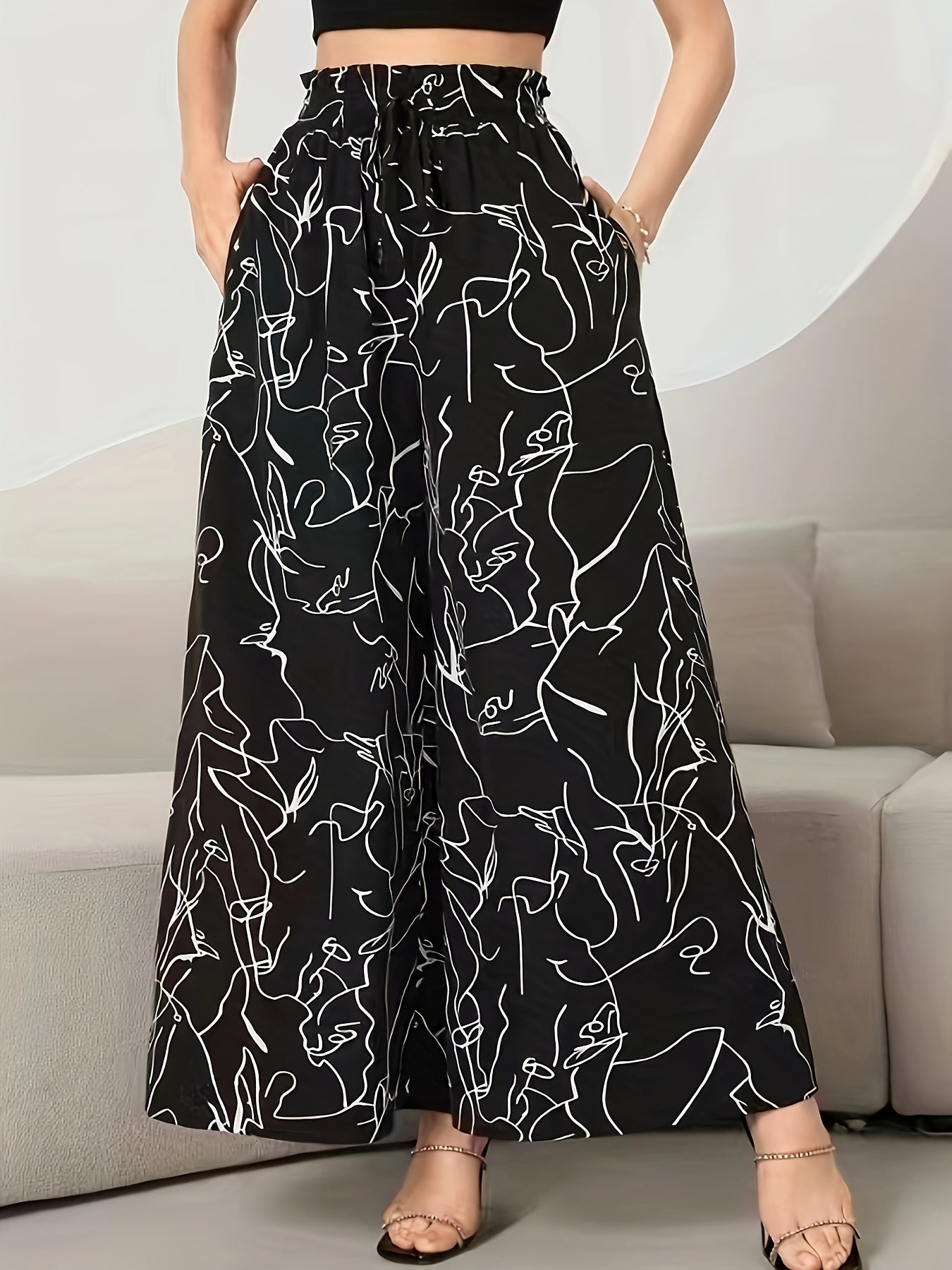 Elegant Wide Leg Pants with Pockets, Loose Drawstring, Popular