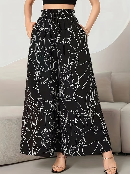 Elegant Wide Leg Pants with Pockets, Loose Drawstring, Popular