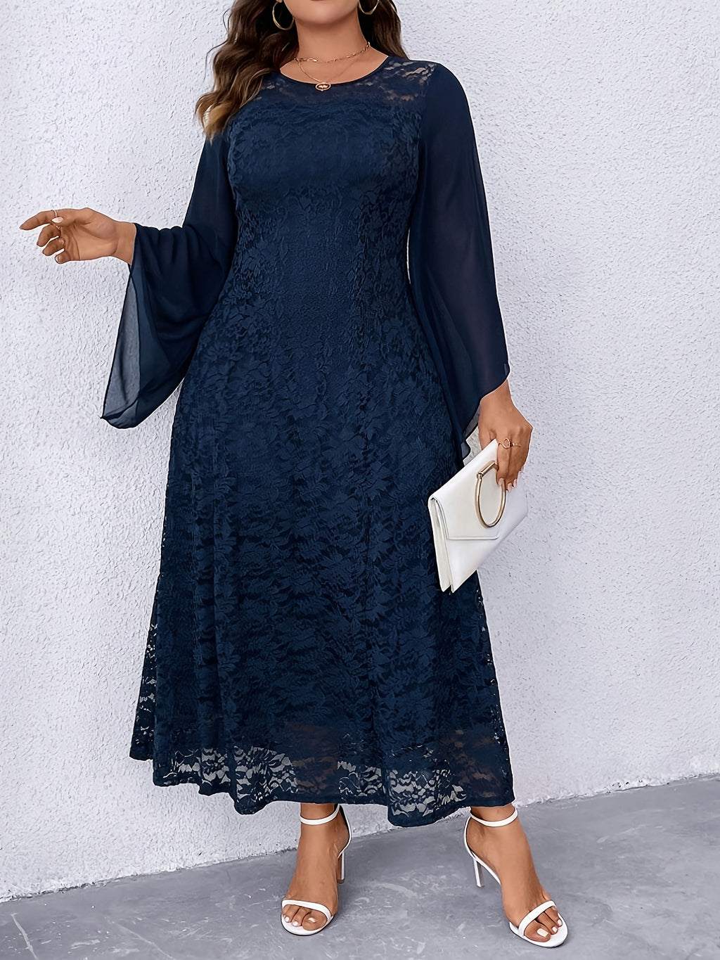 Women's Elegant Navy Blue Lace Dress - Formal to Casual Wedding Party Outfit with Long Flowing sleeves