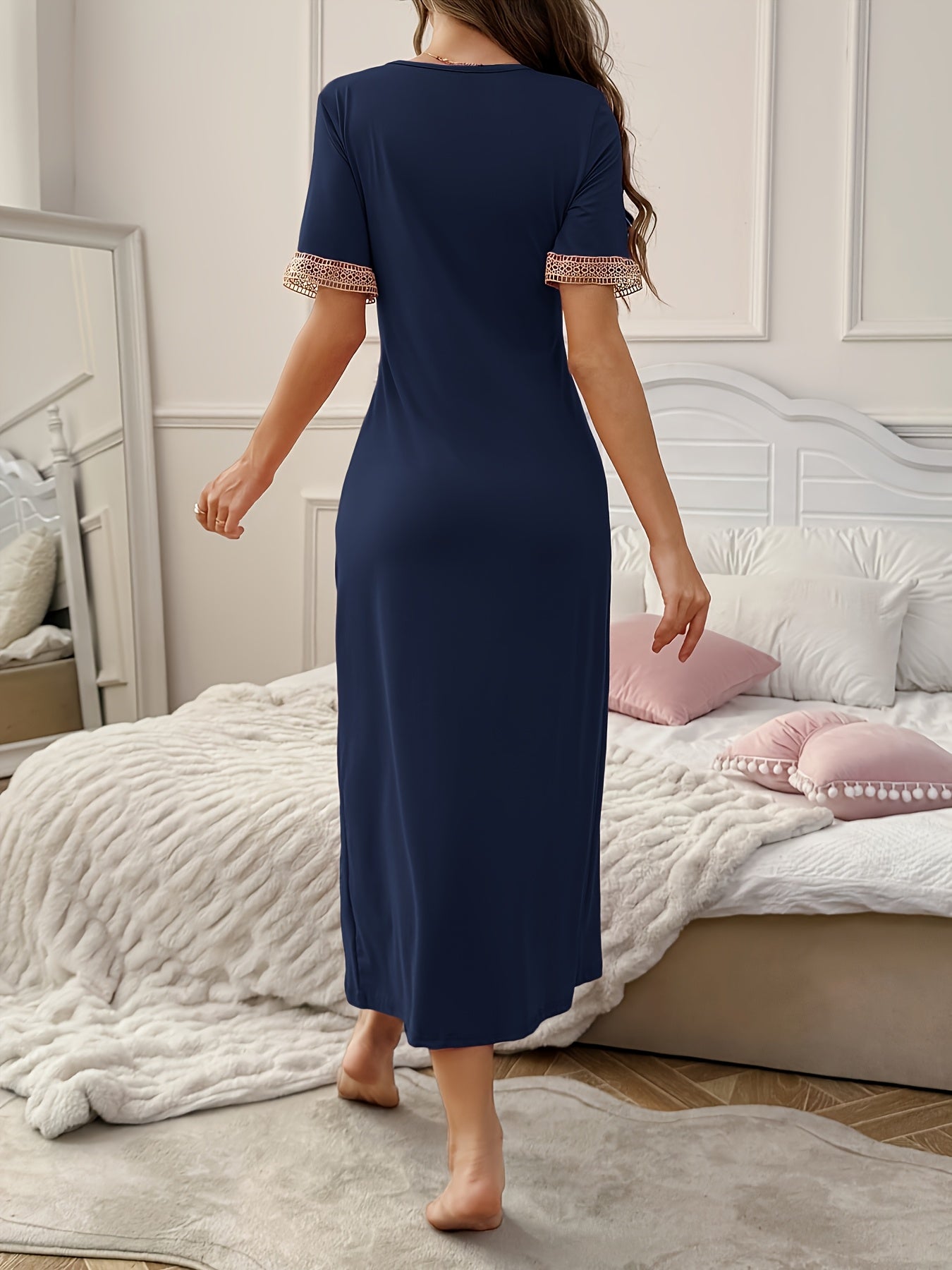 Long Contrast Lace Spliced Nightgown