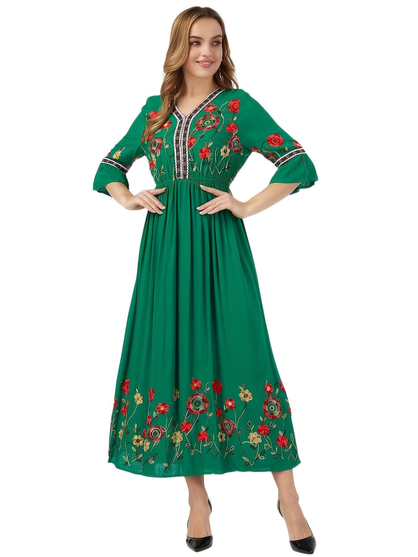 Elegant Green Embroidered Maxi Dress with V-Neck and Ruffle Sleeves