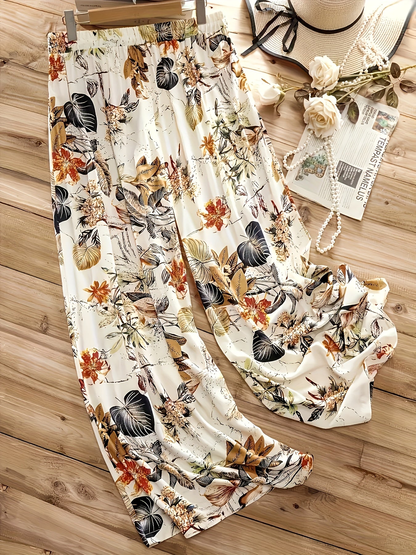 Women's Tropical Floral Print Elastic Waist Straight-Leg Pants