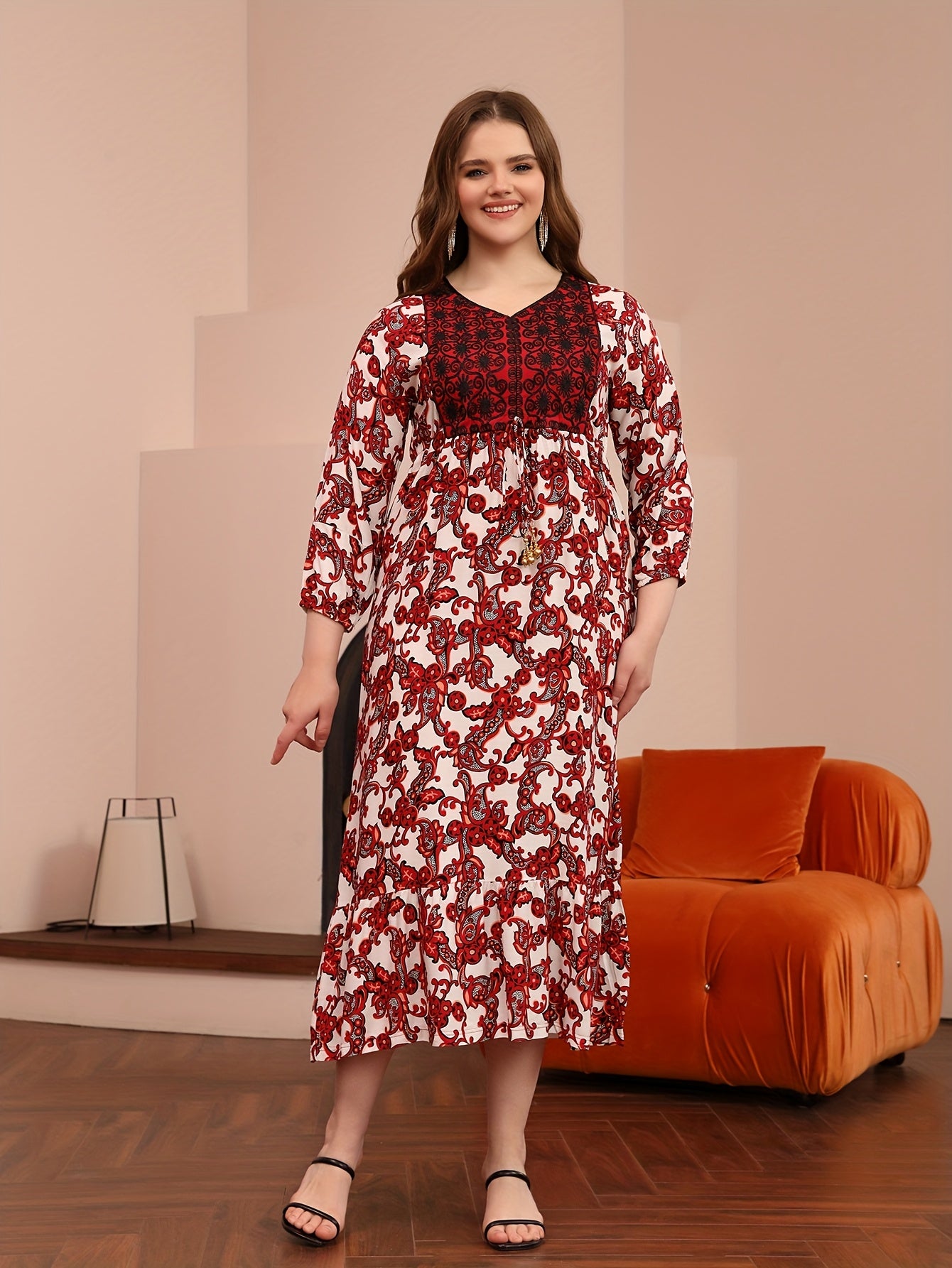 Elegant Floral Print Midi Dress with Beaded Tie-Waist and Ruffle Hem