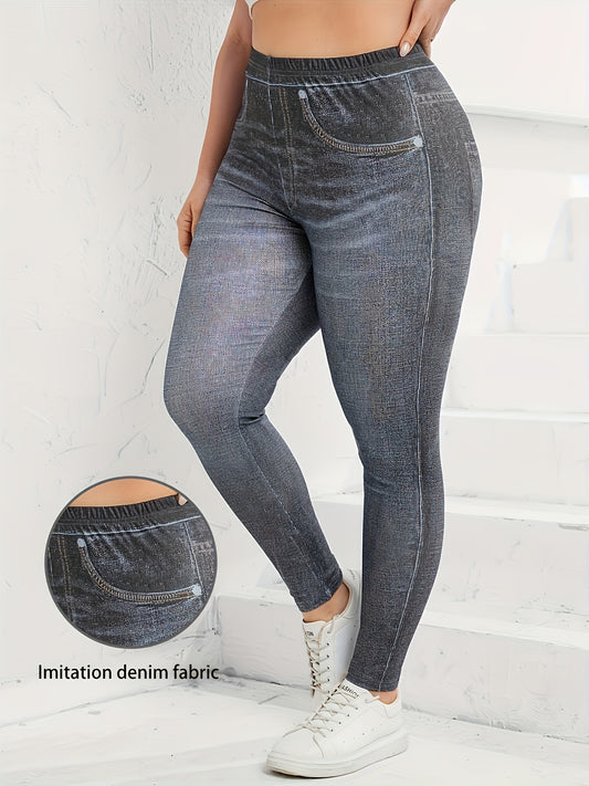 Plus Size Faux Denim Leggings - Ultra-Comfy High Waist Stretchy Design