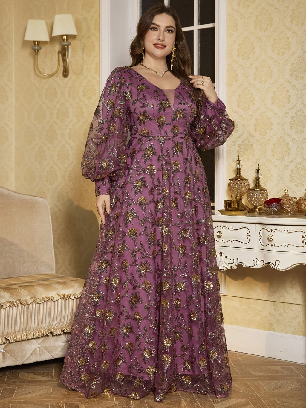 Women's Plus Size Elegant V-Neck Lantern Sleeve Maxi Dress