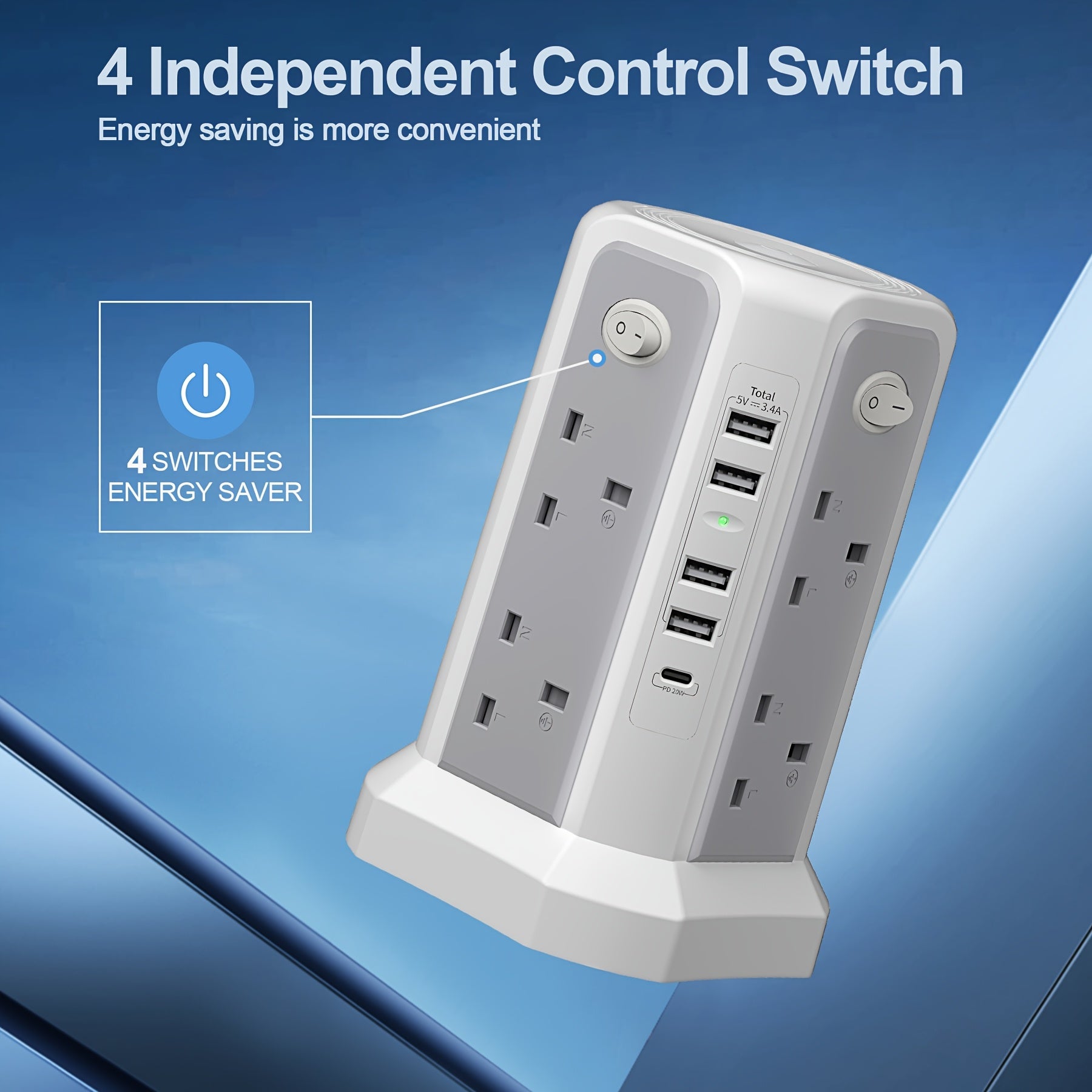 2-Story Tower Power Supply with 8 AC Sockets, 4 USB Ports, 1 USB-C PD20W Fast Charging