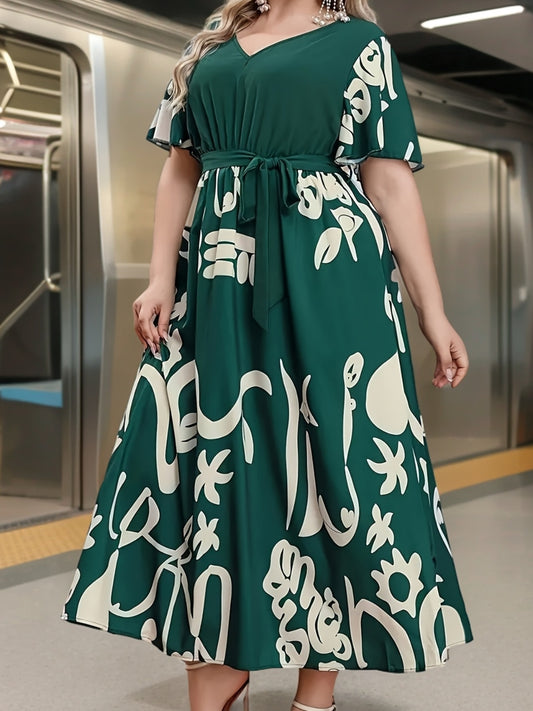 Elegant Short Sleeve V Neck Longline Dress With Belt For Plus Size Women