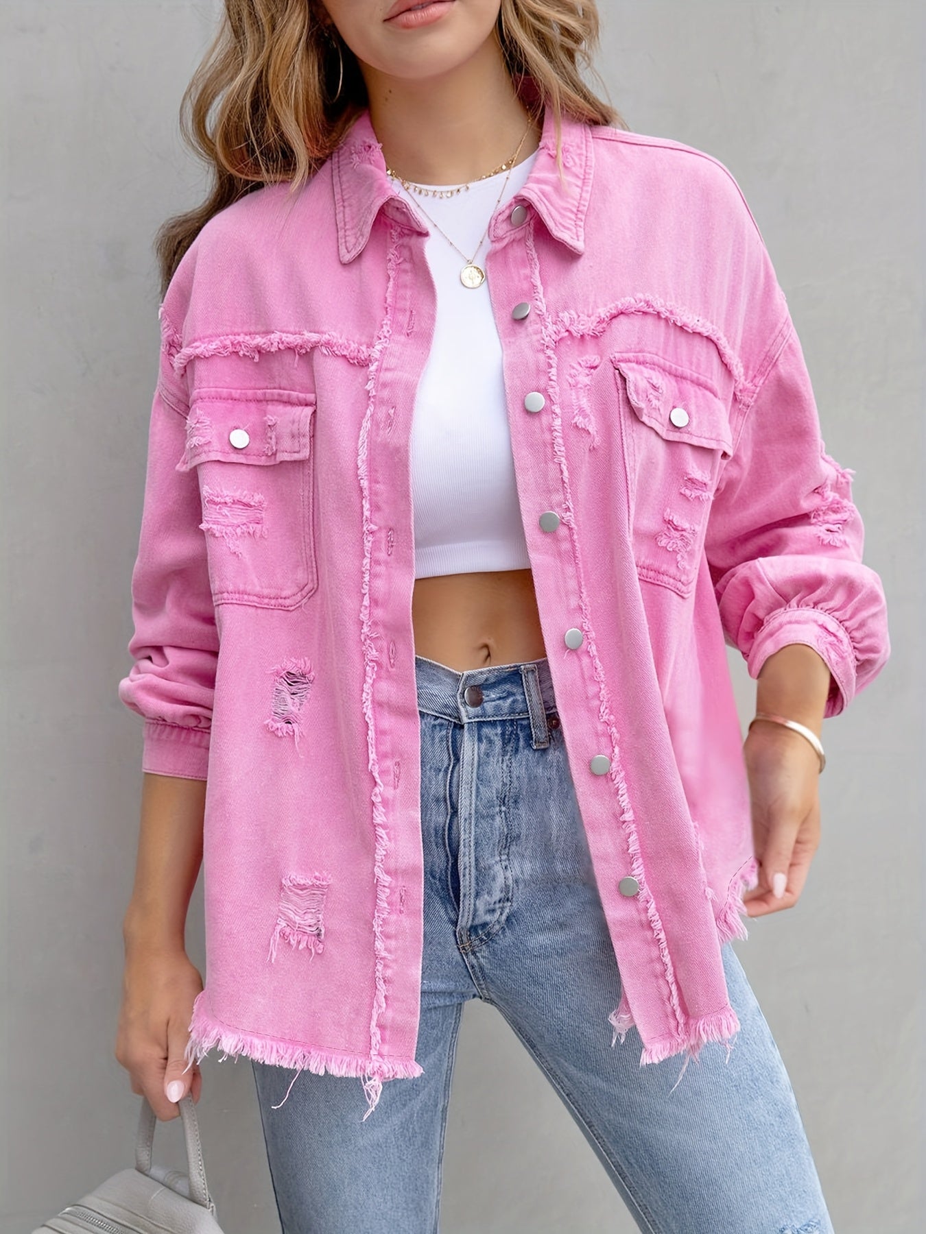 Casual Women's Pink Denim Long Shirt Jacket Perfect for Spring/Summer