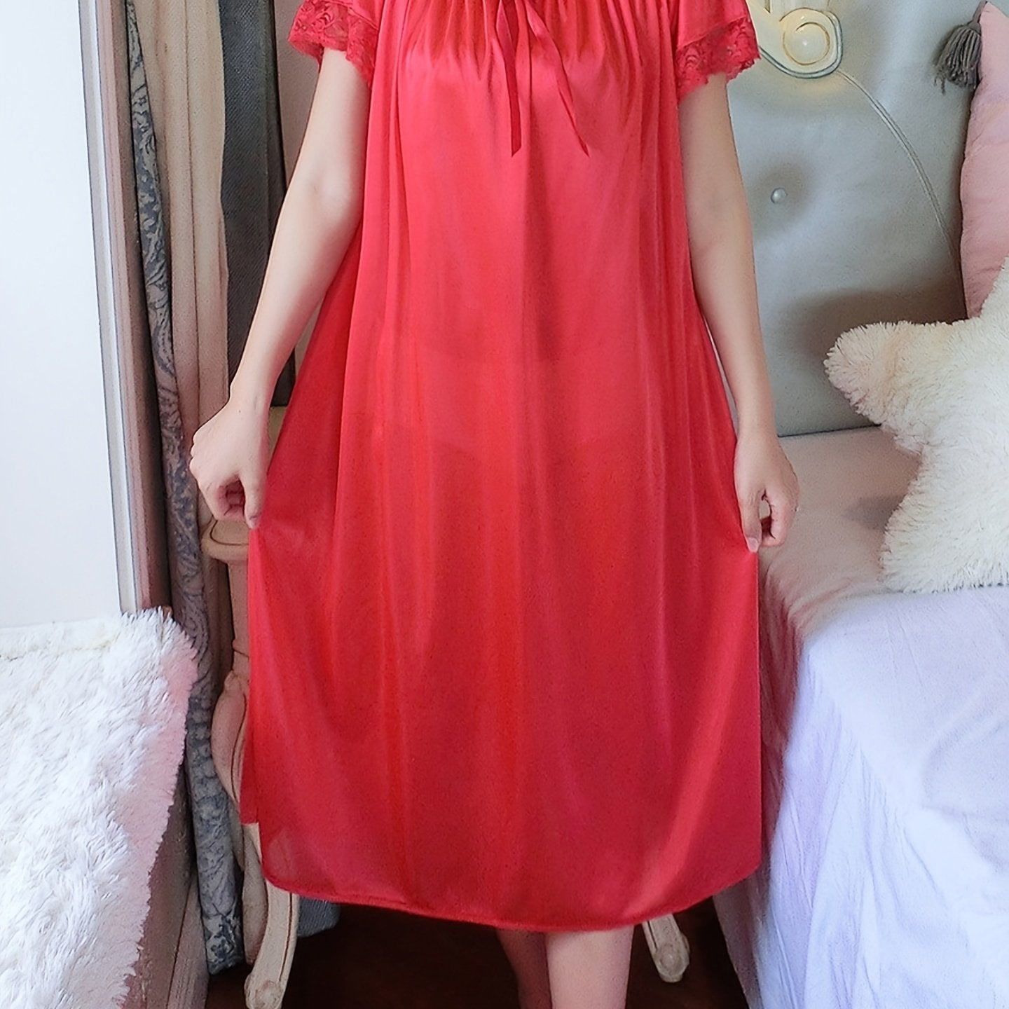 Elegant Off the Shoulder Short Sleeve Night Dress, Polyester Solid Color Slight Stretch Pullover for Adult Women, Spring/Summer Sleepwear