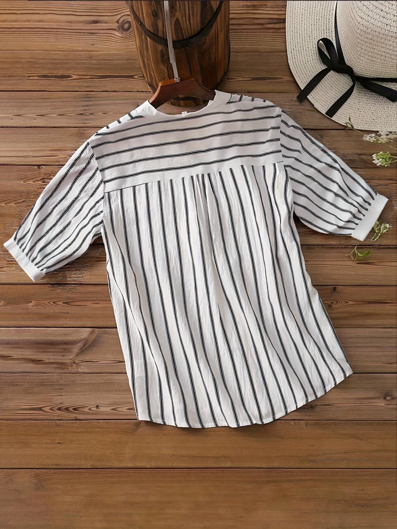 Women's Casual Business V-Neck Button-Up Shirt - Short Sleeve Striped Blouse with Chest Pocket
