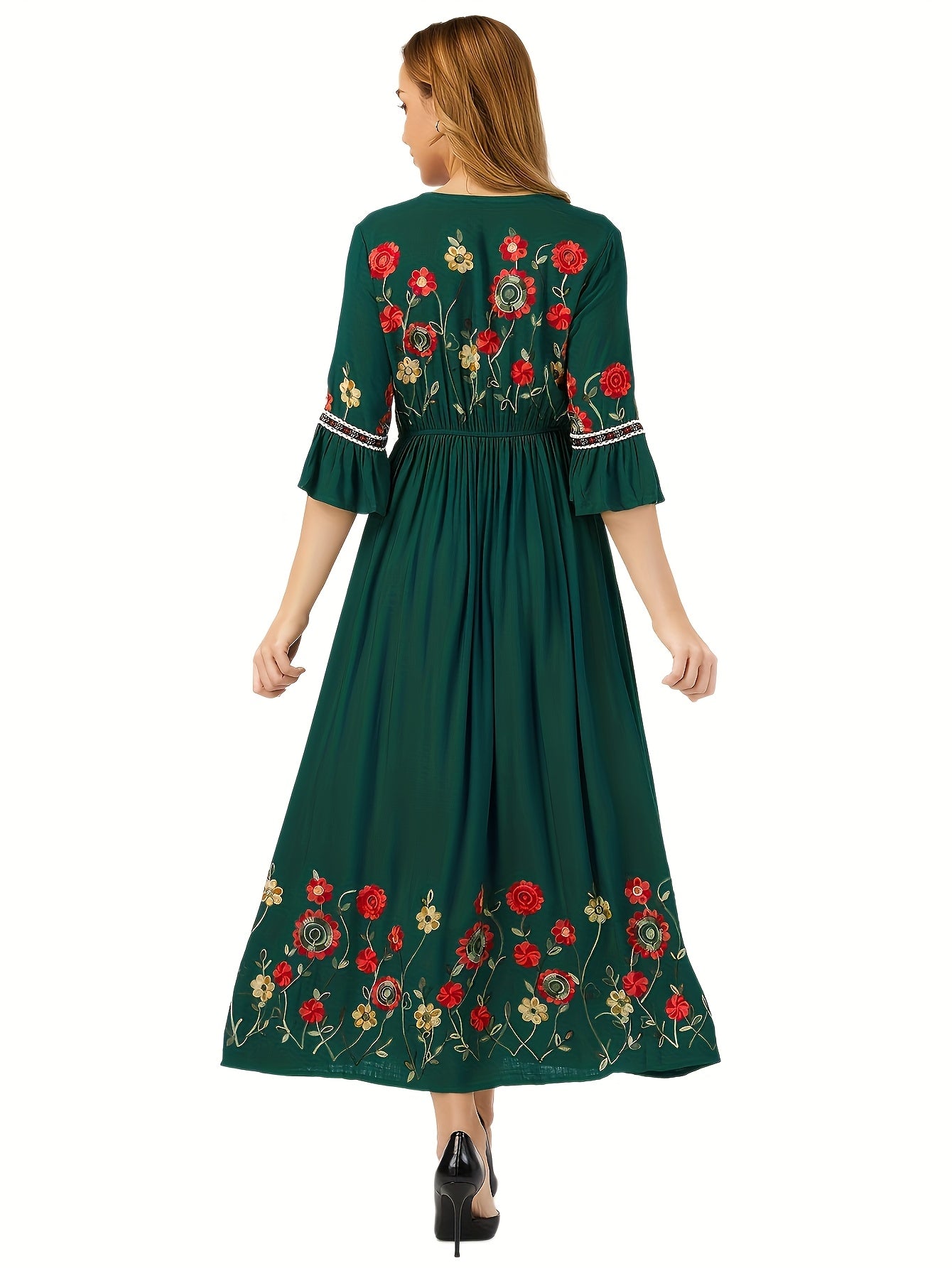 Elegant Green Embroidered Maxi Dress with V-Neck and Ruffle Sleeves