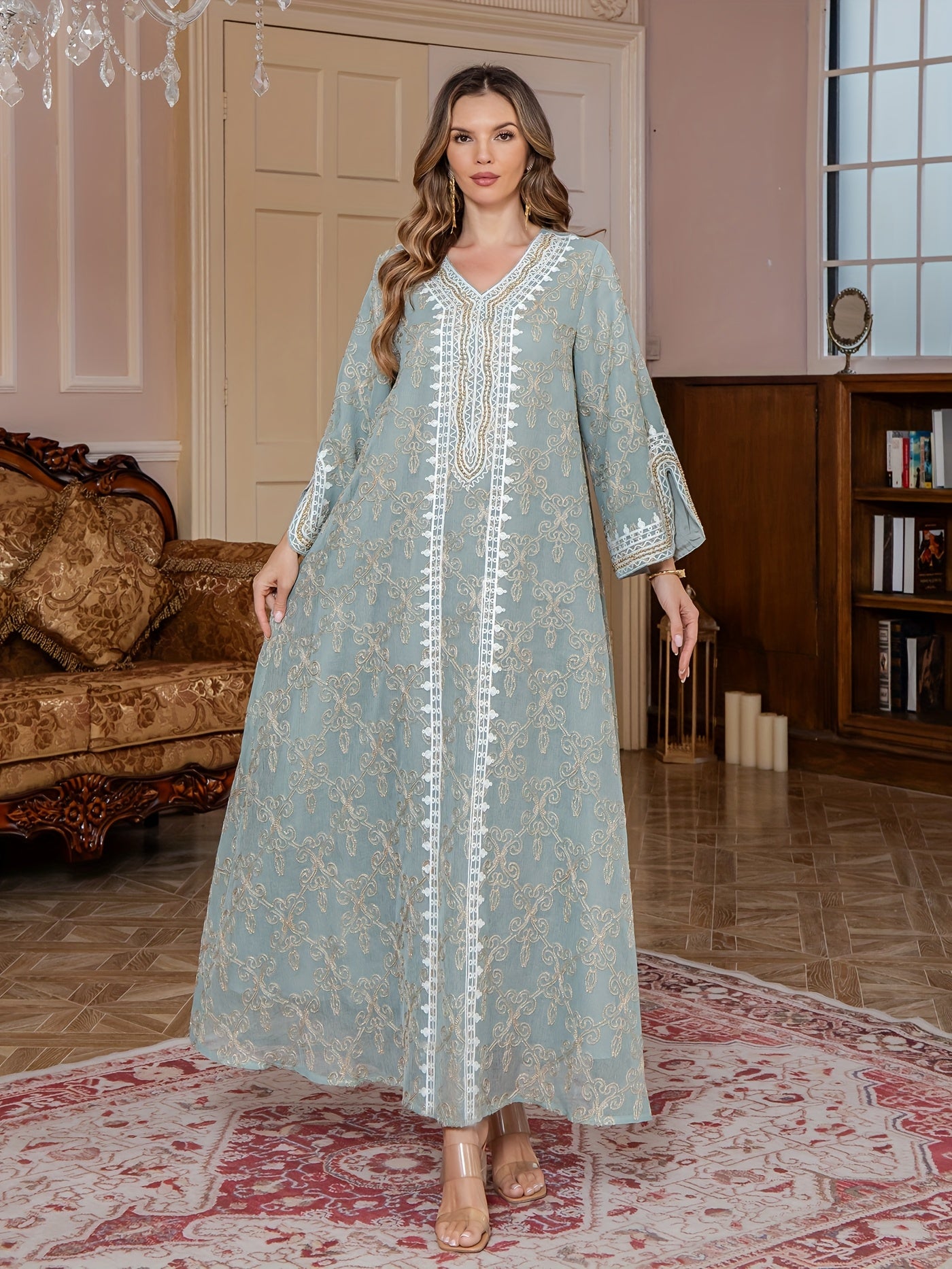 Middle Eastern Embroidered Abaya Long Robe, Light Luxury Evening Gown Two-Piece Dress for Women