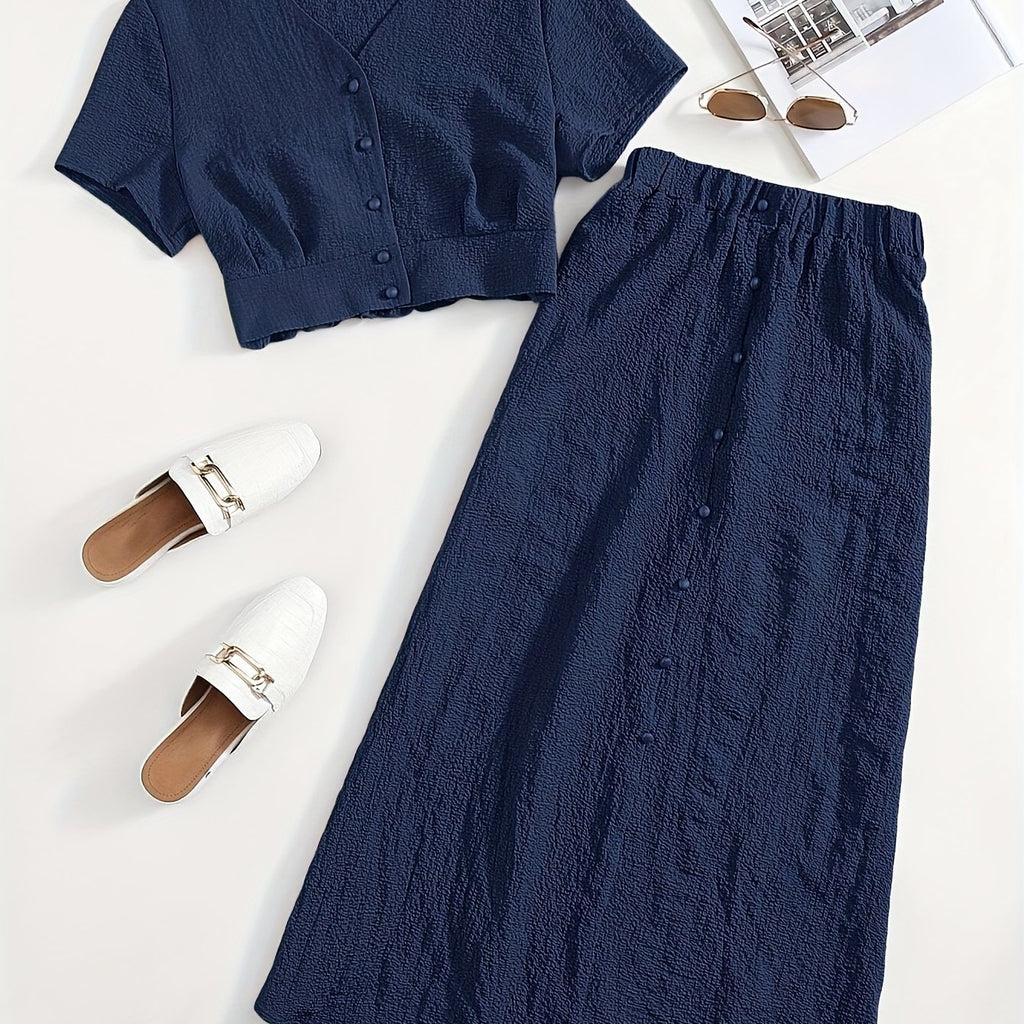 Simple Casual Two-Piece Set with Textured Short Button Front Shirt and Elastic Waist Skirt