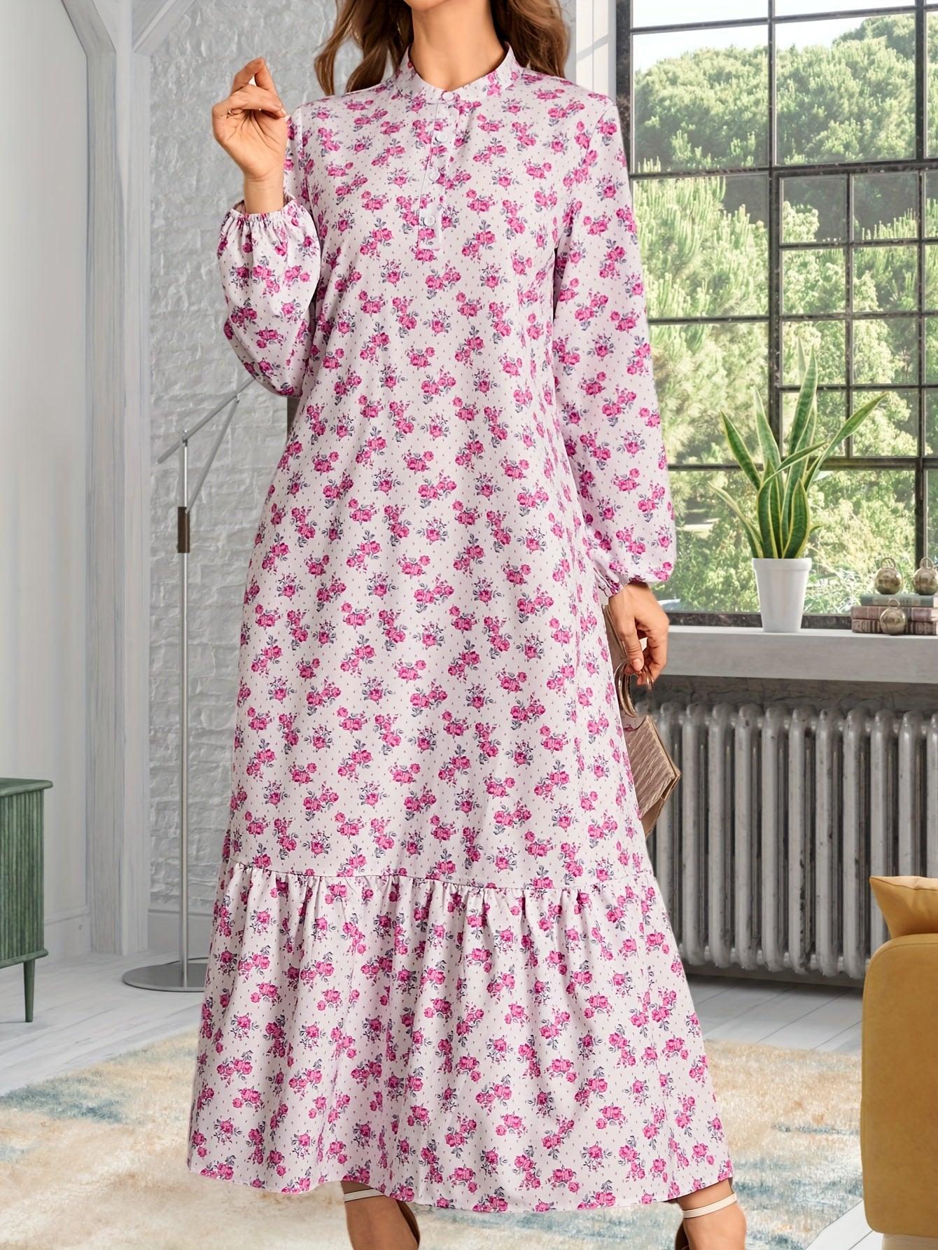 Women's Casual Long Sleeve Floral Print Maxi Dress