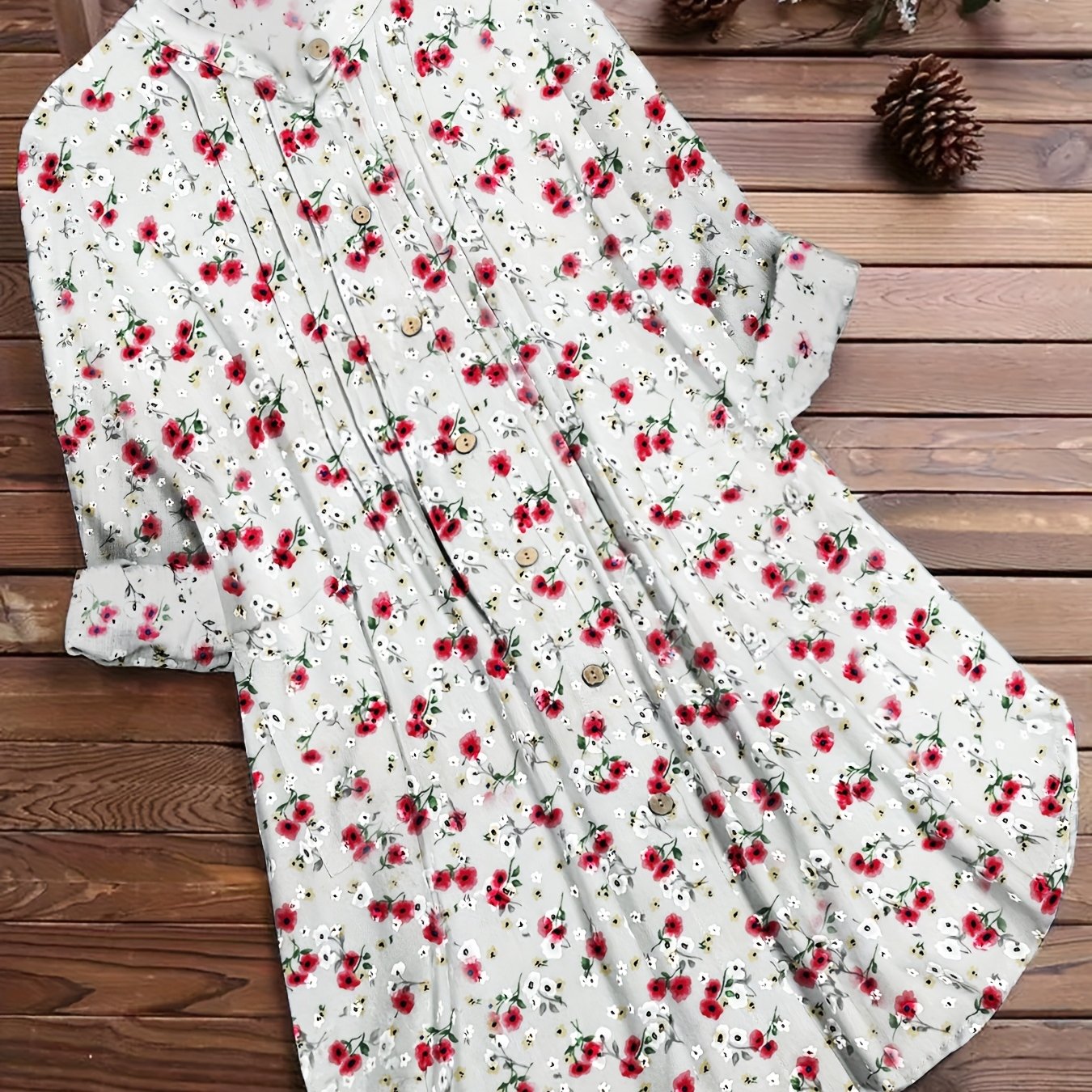 Floral Print Women's Blouse, Long Sleeve Round Neck