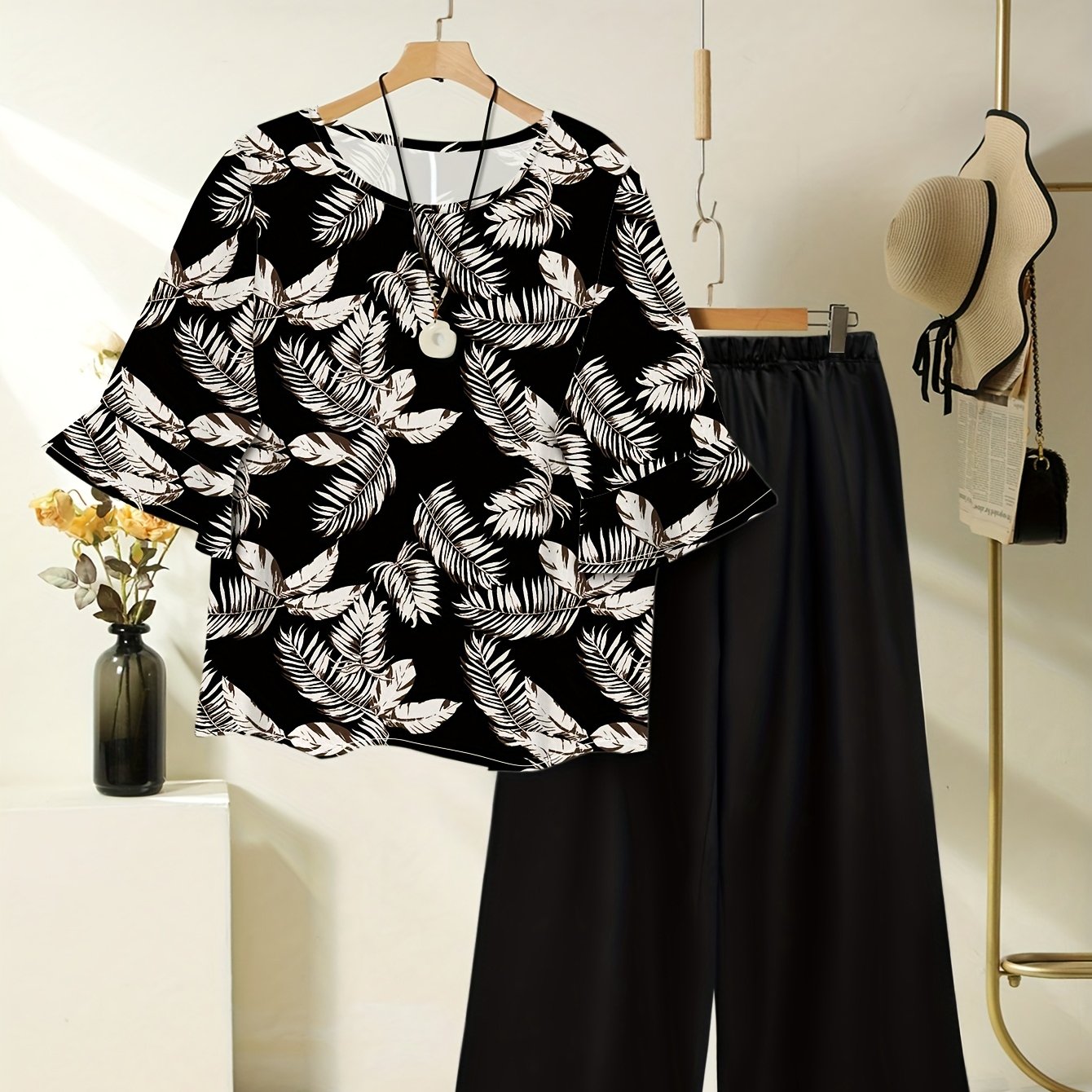 Women's Spring/Summer Floral Print Short Sleeve Top + Solid Color Elastic Waist Loose Wide Leg Pants