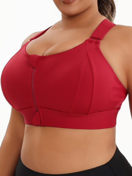 [Plus Size Sports Bra] High-Elasticity Plus Size Sports Bra | Women's Blue Bra with Zipper, Non-Removable Padding, Adjustable Shoulder Straps